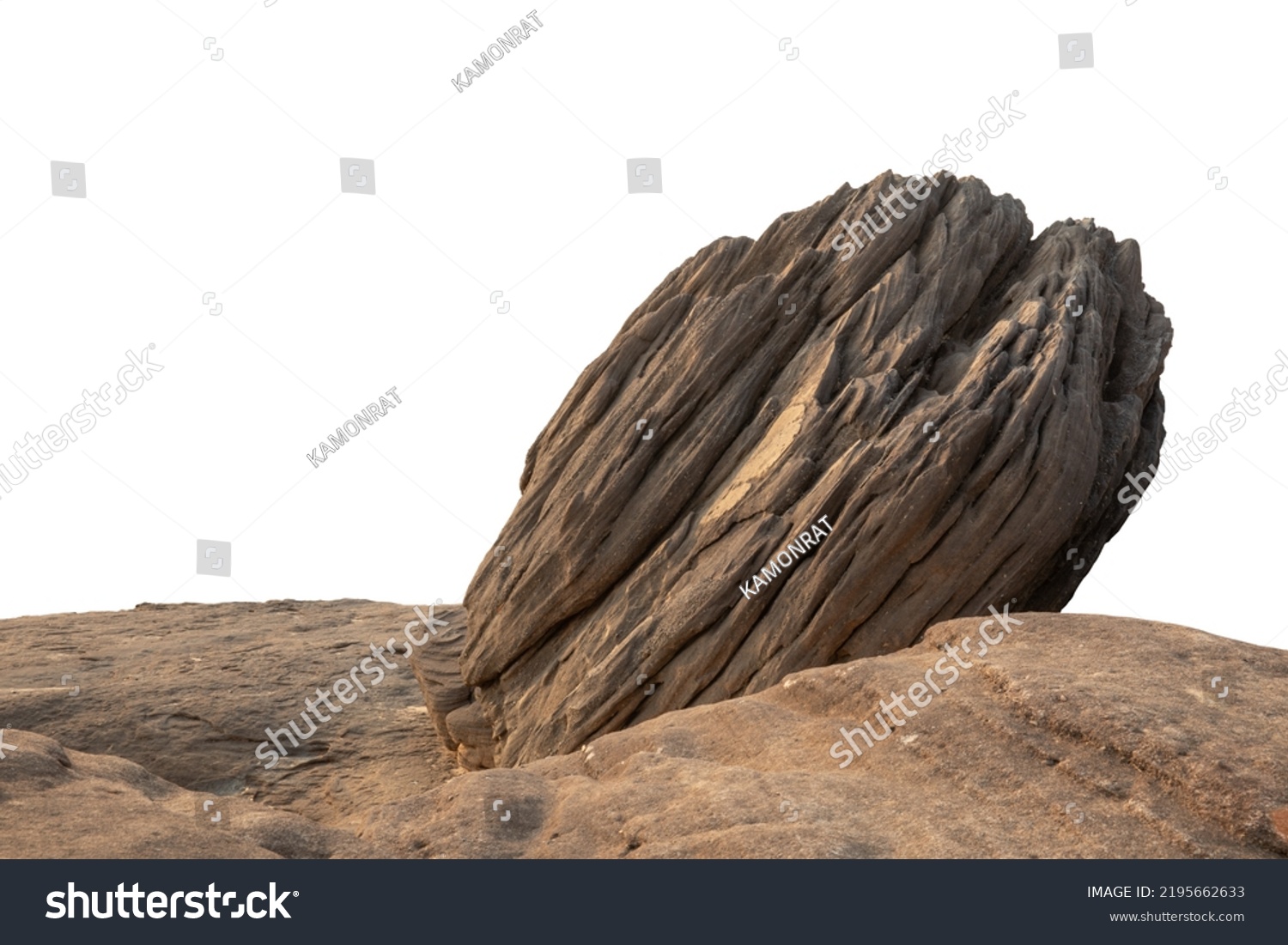 Cliff stone located part of the mountain rock isolated on white background.Mock up the pedestal #2195662633