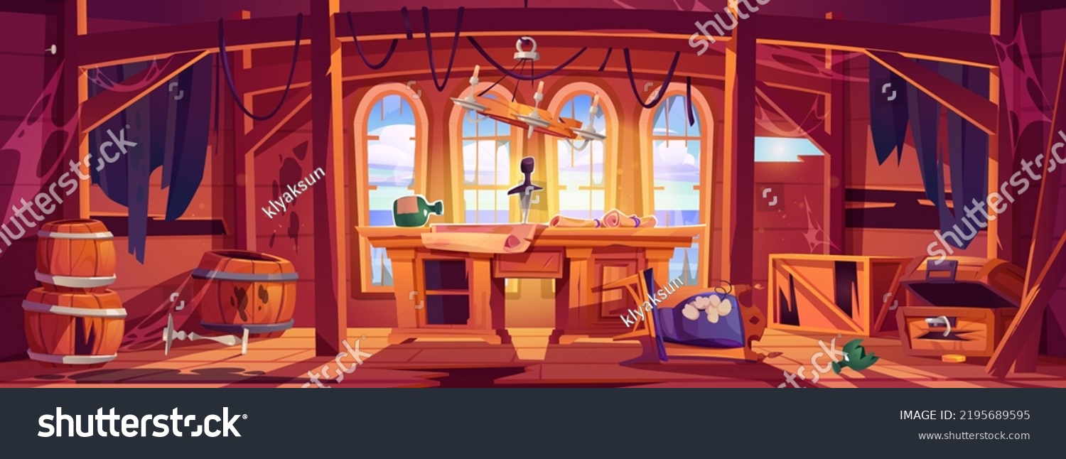 Abandoned pirate captain ship cabin. Broken room interior, game background with damaged corsair stuff. Table with bottle, map, cracked treasure chest, ragged curtains, Cartoon vector illustration #2195689595