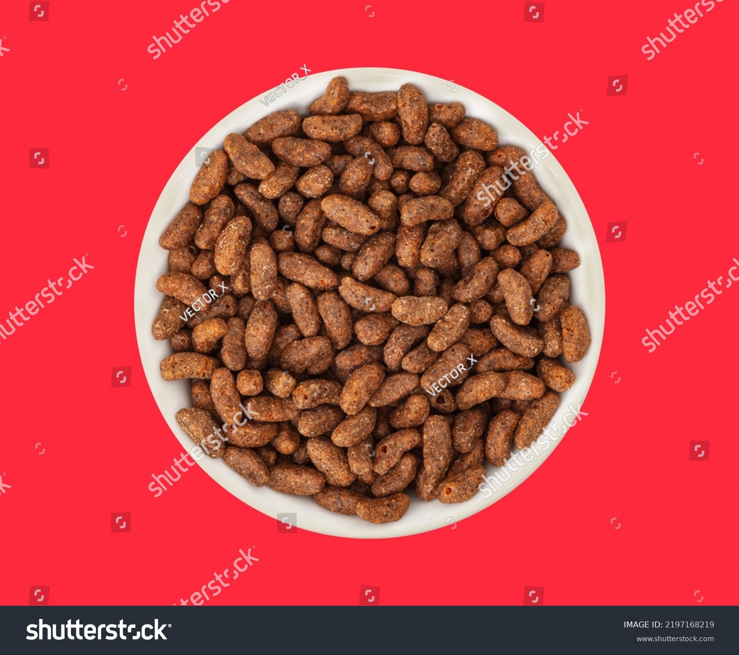 White bowl with natural organic granola cereal chocolate flakes on red background. Oven-toasted rice cereal and the flavor chocolate. Top view #2197168219