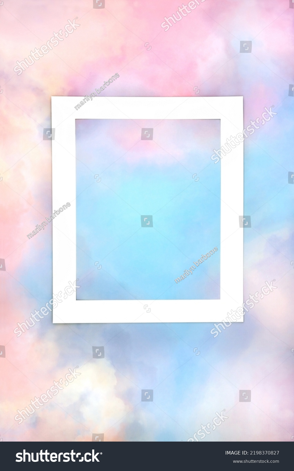 Rainbow sky cloud background with white frame. Abstract colourful minimal pastel coloured border design. LGBT themed nature concept.  #2198370827