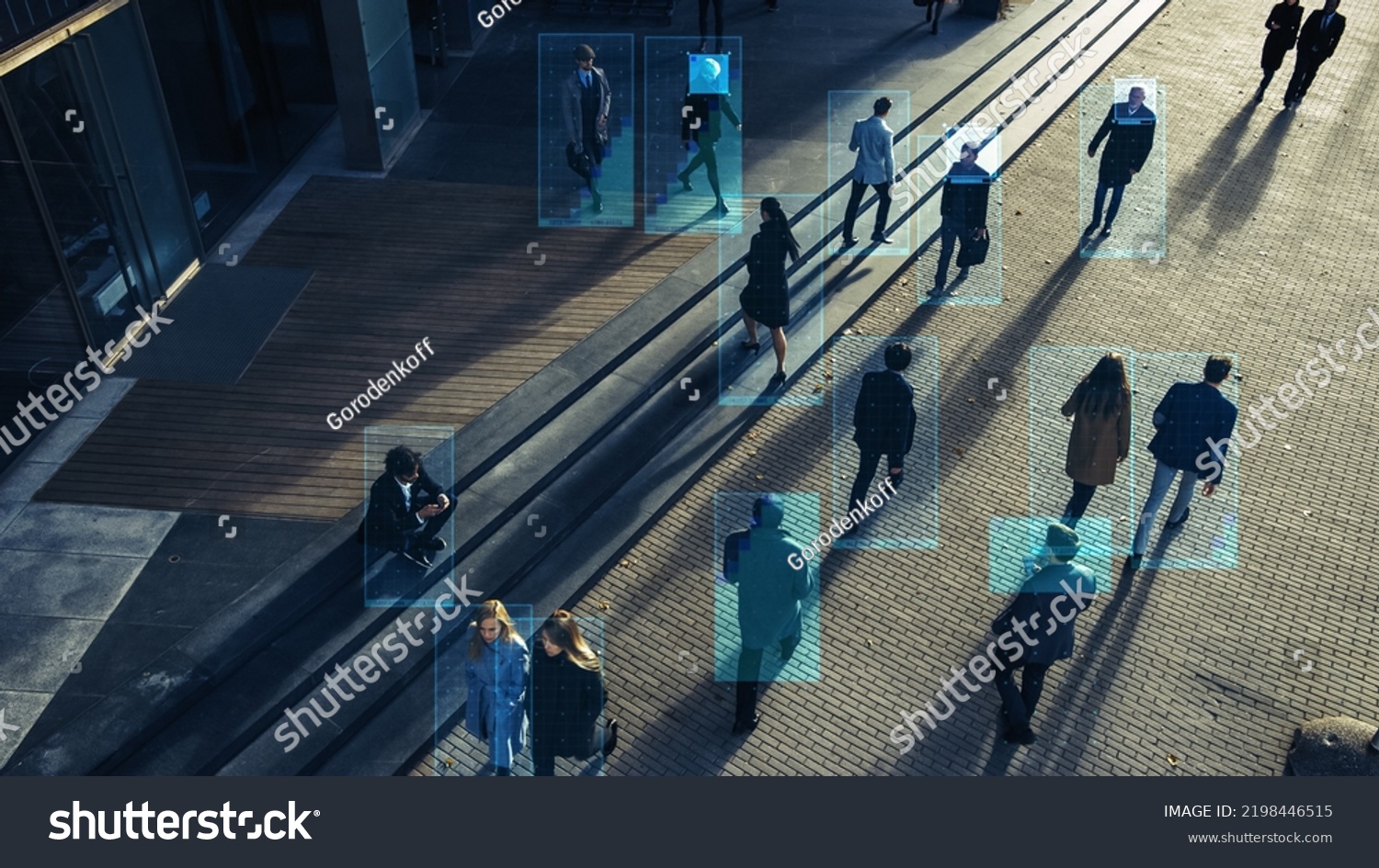 Elevated Security Camera Surveillance Footage of a Crowd of People Walking on Busy Urban City Streets. CCTV AI Facial Recognition Big Data Analysis Interface Scanning, Showing Personal Information. #2198446515