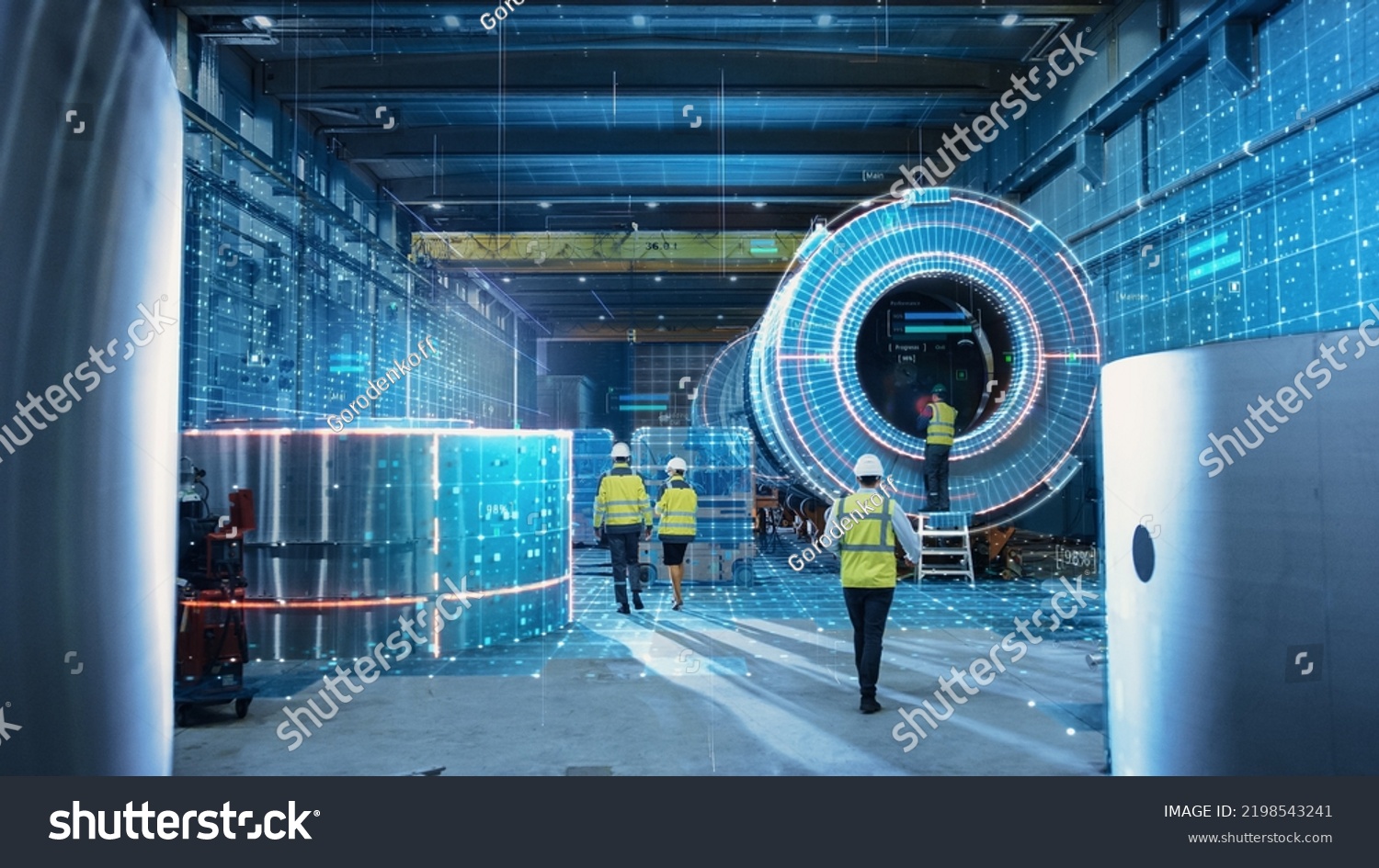 Futuristic Technology Concept: Team of Engineers and Professionals Workers in Heavy Industry Manufacturing Factory that is Visualized with Graphics into Digital Twin of Industry 4.0 High Tech #2198543241