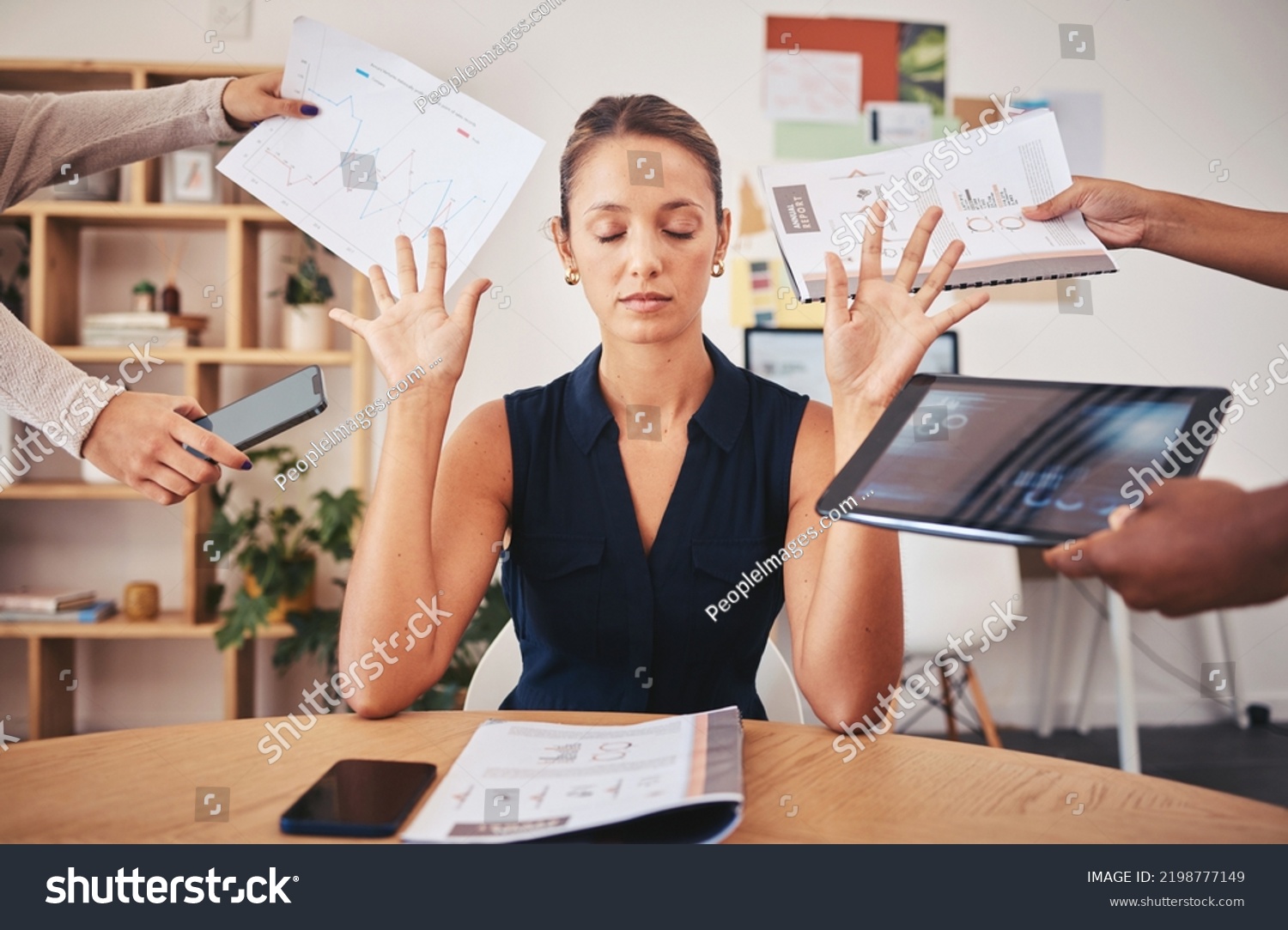 Burnout, stress and business woman overworked from too much, work overload and pressure marketing corporate company. Time management, frustrated and tired employee in digital agency office building #2198777149