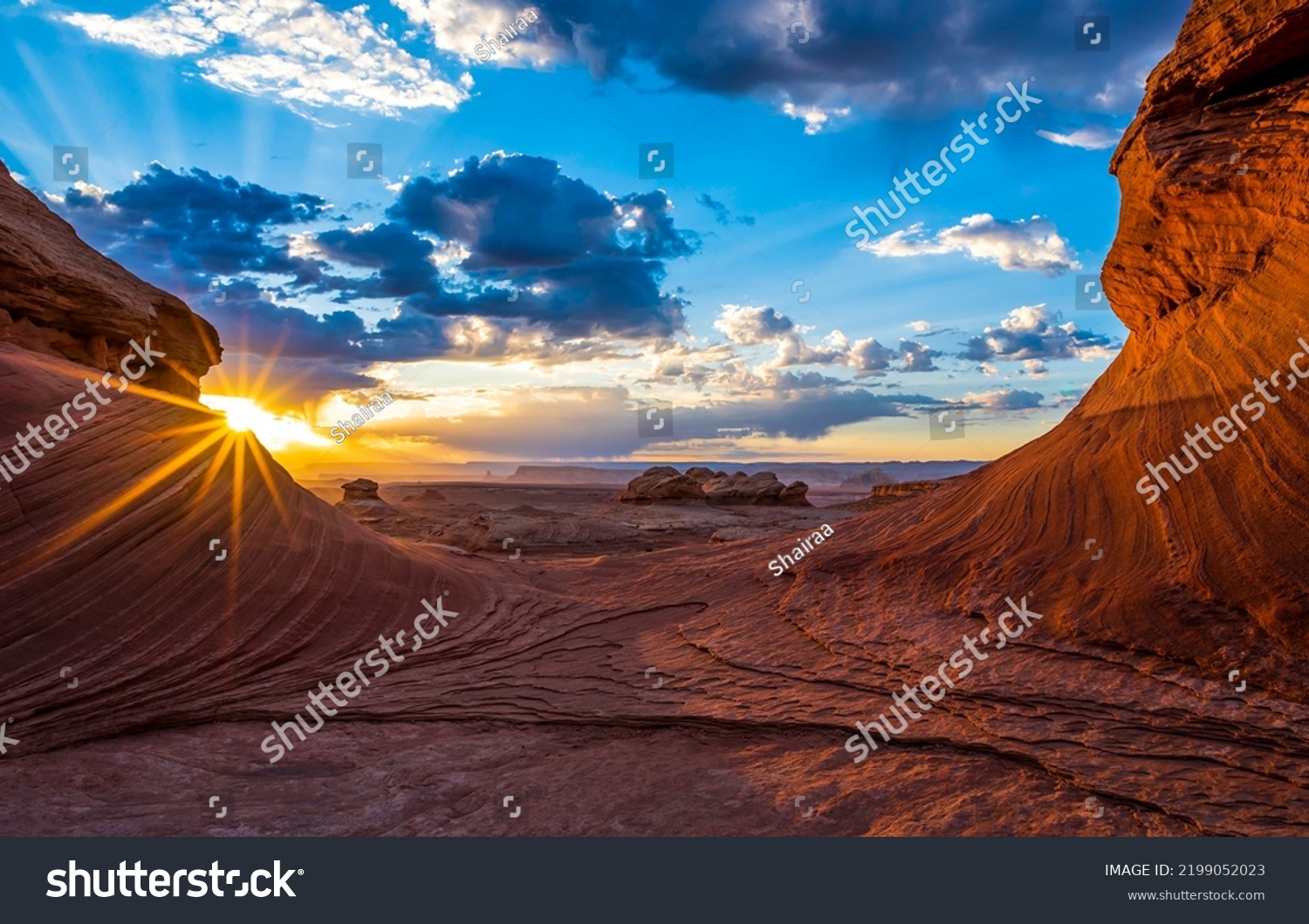 The sunrise over the canyon desert. Desert at dawn. Canyon desert at dawn. Beautiful sunrise over canyon desert #2199052023