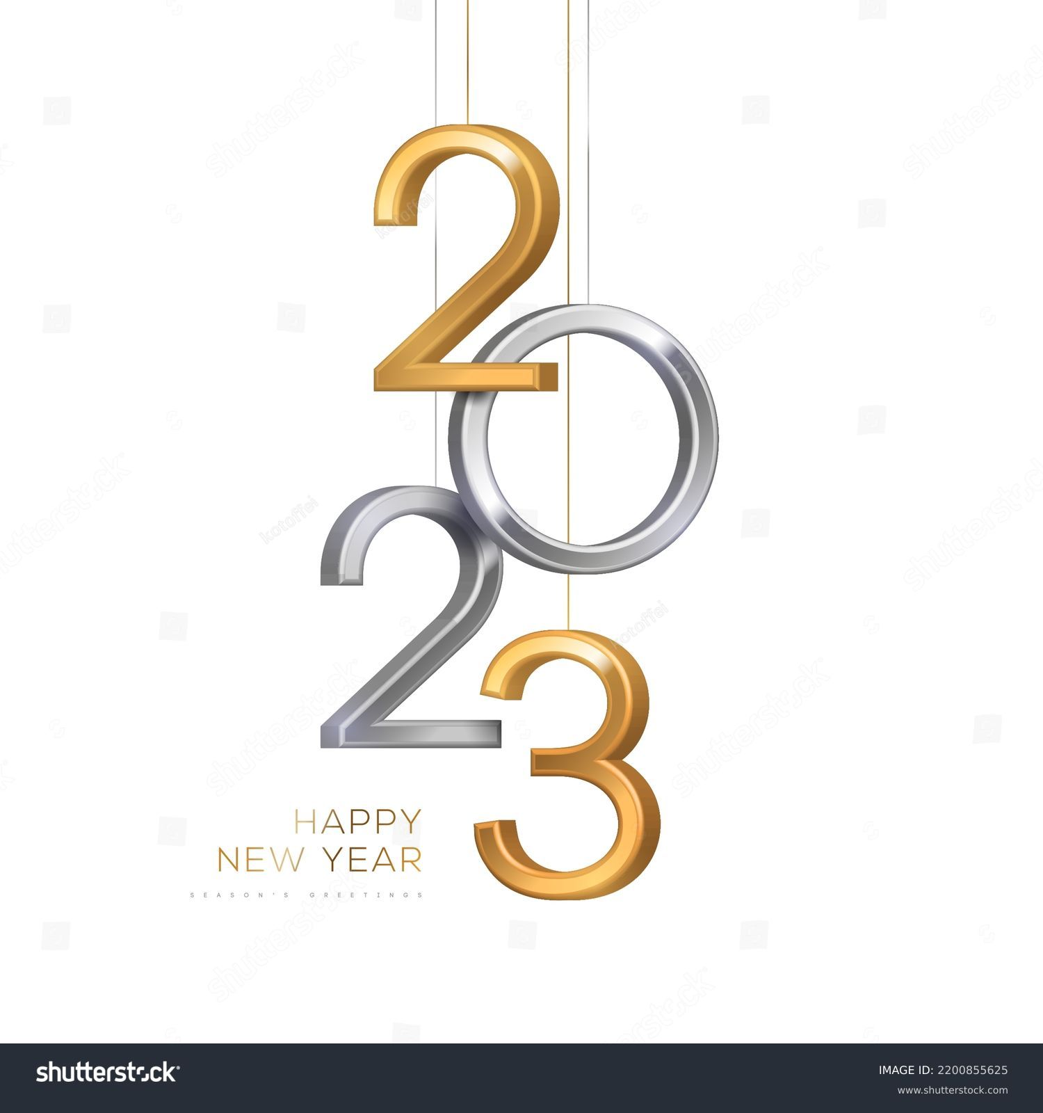 2023 silver and gold numbers hanging on white background. Vector illustration. Minimal logo invitation design for Merry Christmas and Happy New Year. Winter holiday poster brochure voucher template. #2200855625