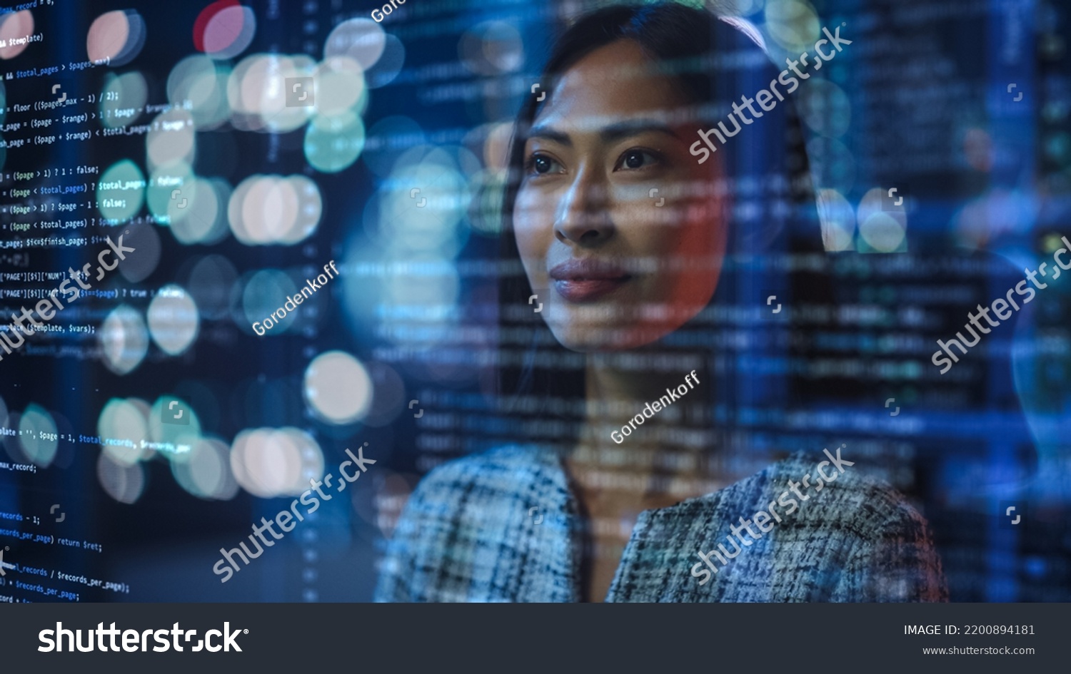 Portrait of Asian Female Startup Digital Entrepreneur Working on Computer, Line of Code Projected on Her Face and Reflecting. Software Developer Working on Innovative e-Commerce App using AI, Big Data #2200894181