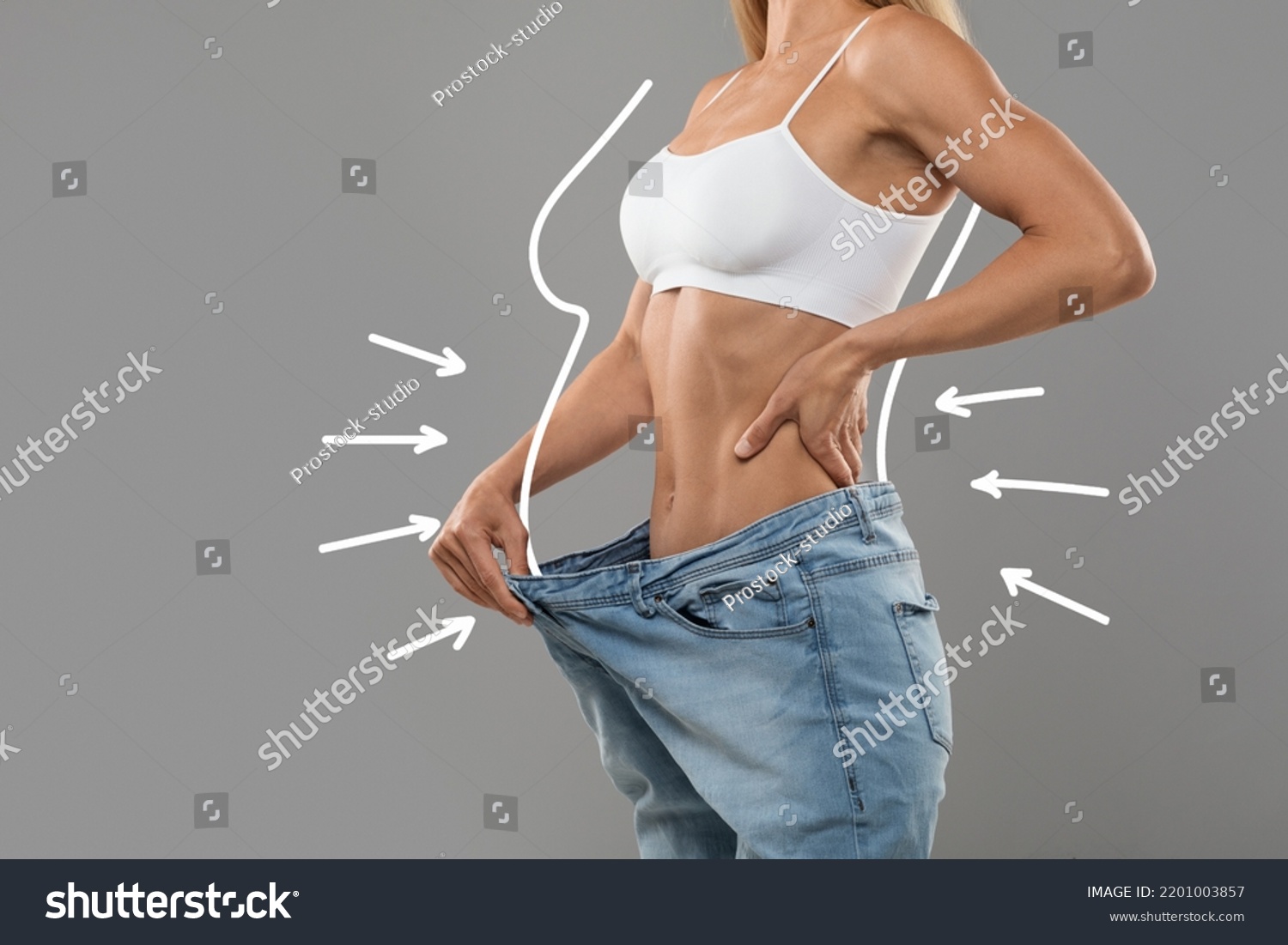 Young Slim Female Pulling Big Jeans And Showing Result Of Weight Loss With Drawn Silhouette Outlines And Arrows, Unrecognizable Sporty Woman In Oversized Clothes Demonstrating Body After Slimming #2201003857