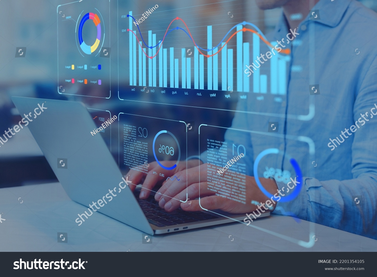 Analyst working on business analytics dashboard with KPI, charts and metrics to analyze data and create insight reports for executives and strategical decisions. Operations and performance management. #2201354105