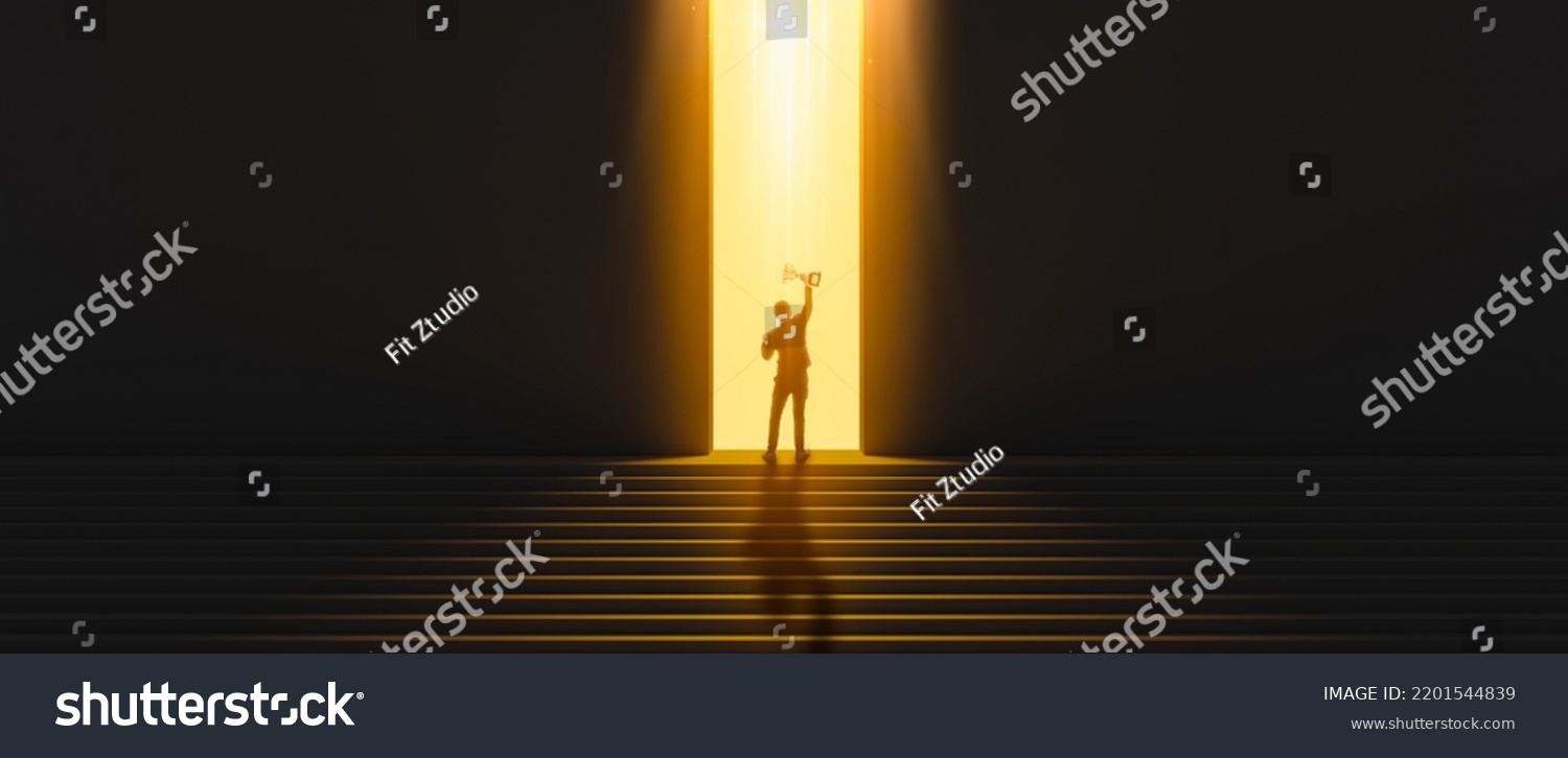 Silhouette of businessman celebrating raising arms on the top stairs with over sunlight.concept of leadership successful achievement with goal,winner,success,growth,achieve,up,win and objective target #2201544839