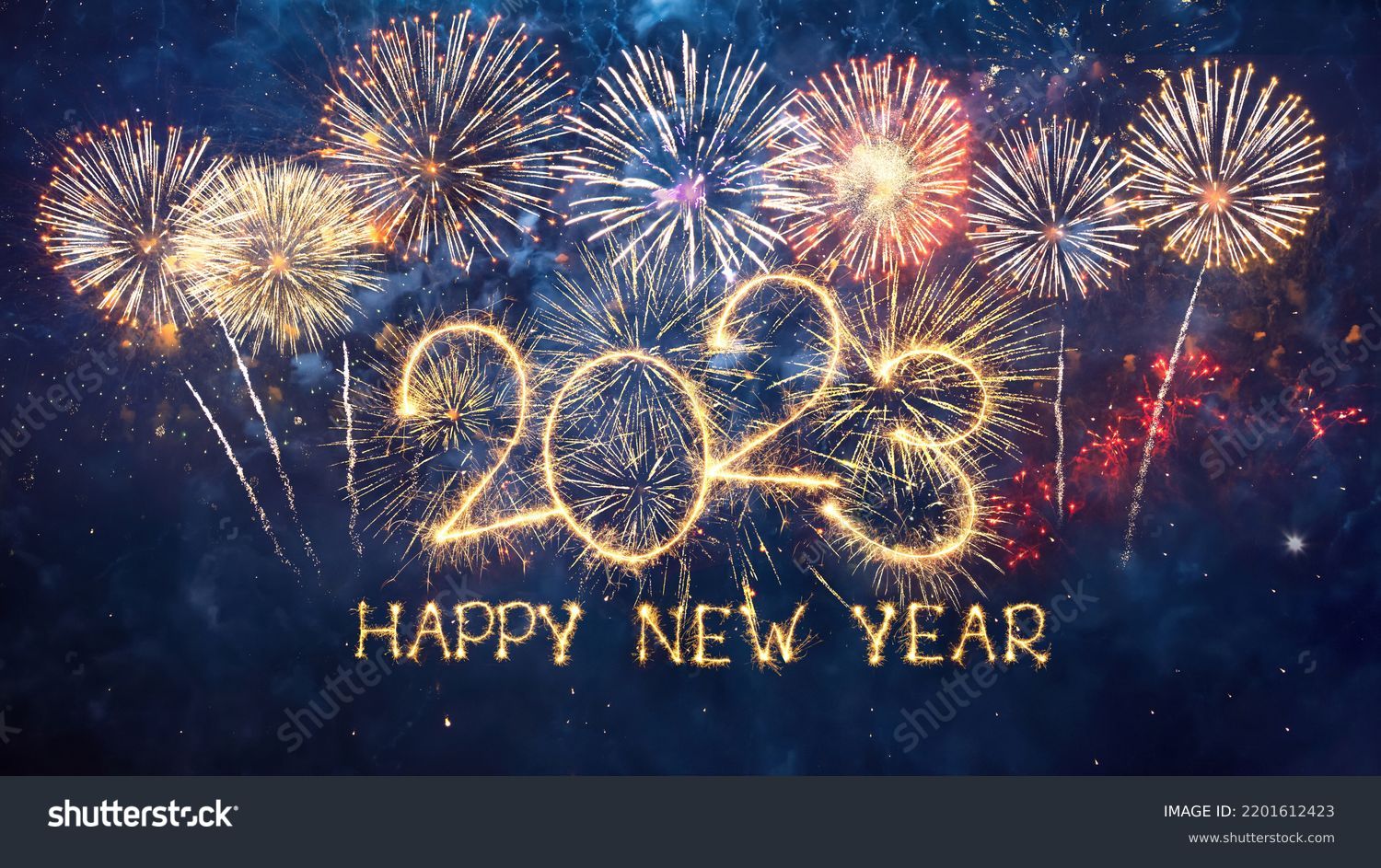Greeting card Happy New Year 2023. Beautiful holiday web banner or billboard with Golden sparkling text Happy New Year 2023 written sparklers on festive firework background #2201612423