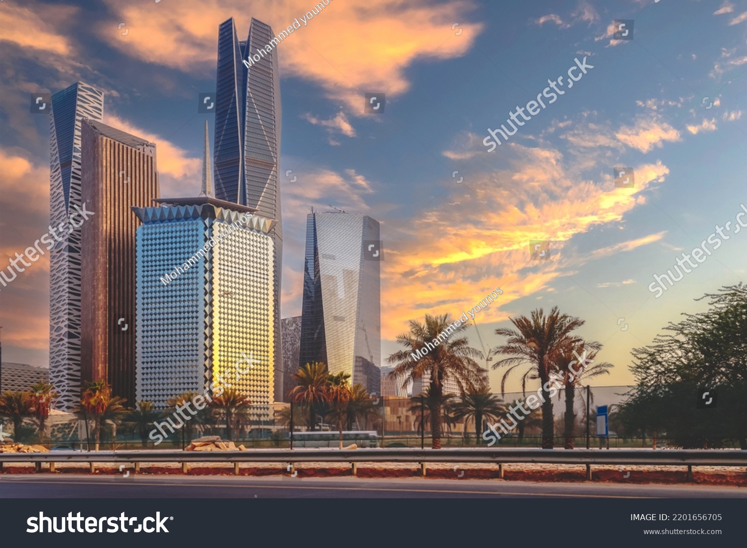 Sunset over large buildings equipped with the latest technology, King Abdullah Financial District, in the capital, Riyadh, Saudi Arabia #2201656705
