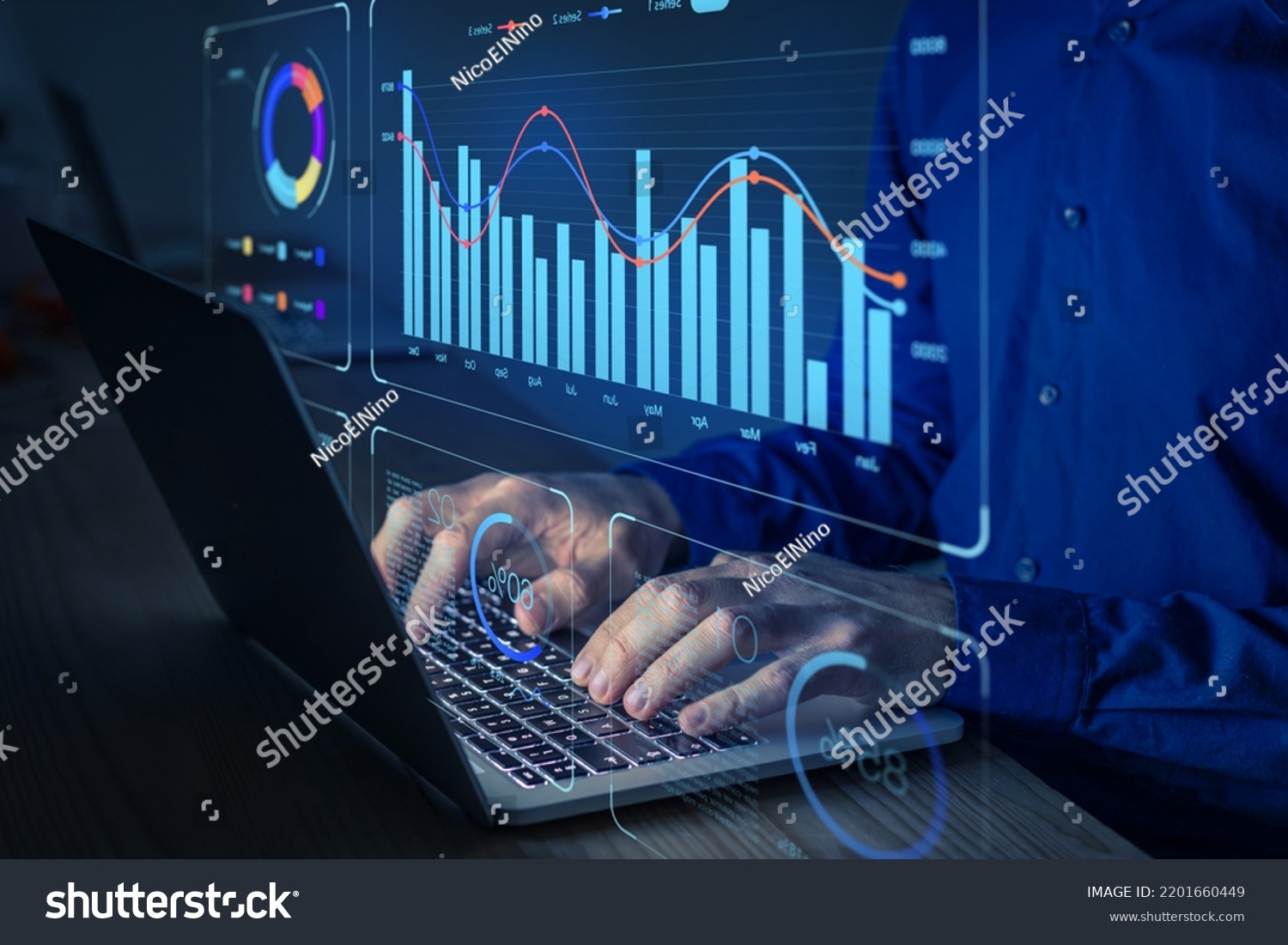 Data analyst working on business analytics dashboard with charts, metrics and KPI to analyze performance and create insight reports for operations management. #2201660449