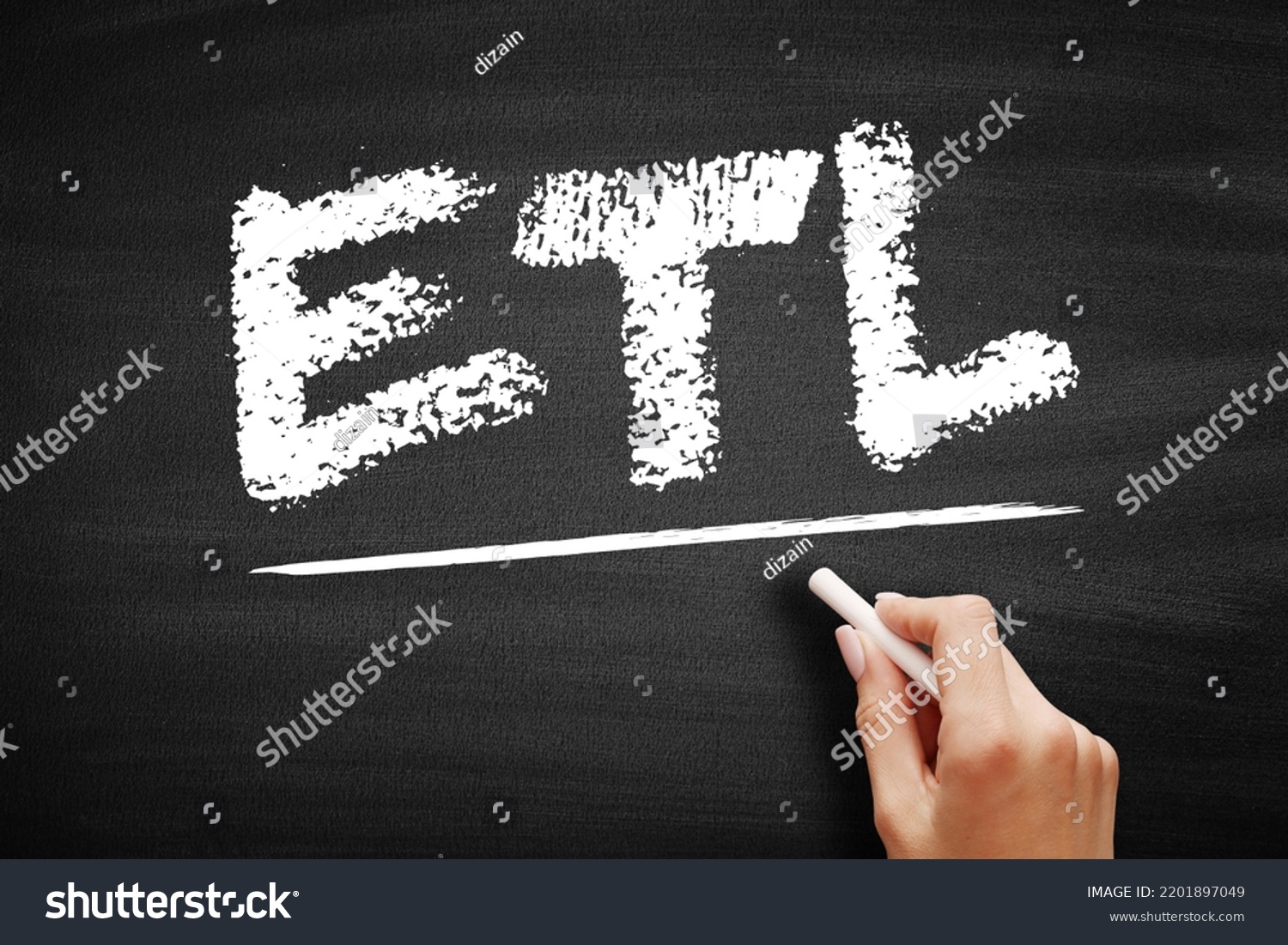 ETL - Extract Transform Load is a three-phase process where data is extracted, transformed and loaded into an output data container, acronym technology concept on blackboard #2201897049