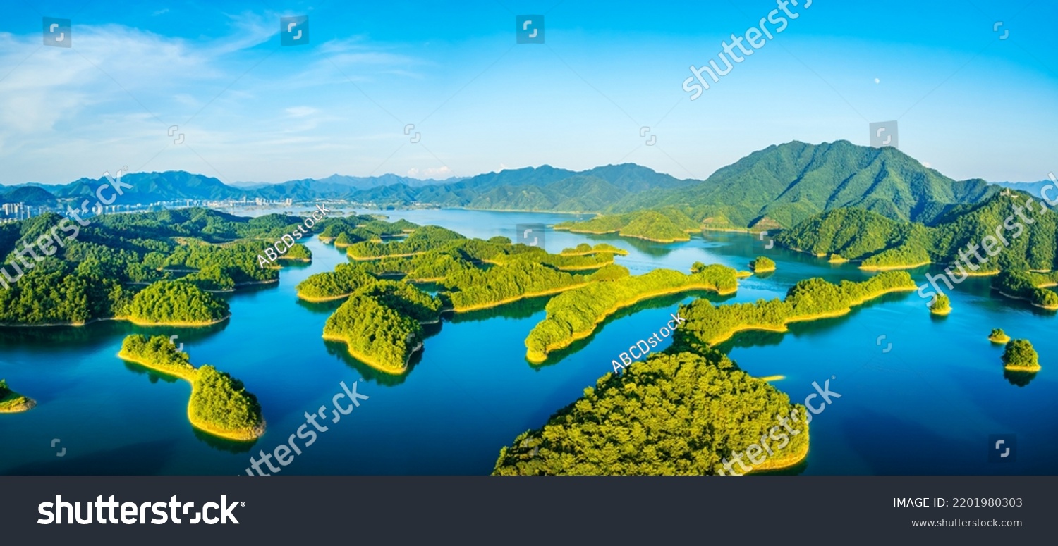 Aerial view of beautiful Thousand Island Lake natural scenery in summer, Hangzhou, Zhejiang Province, China. Clean lake water and green mountain nature landscape. #2201980303