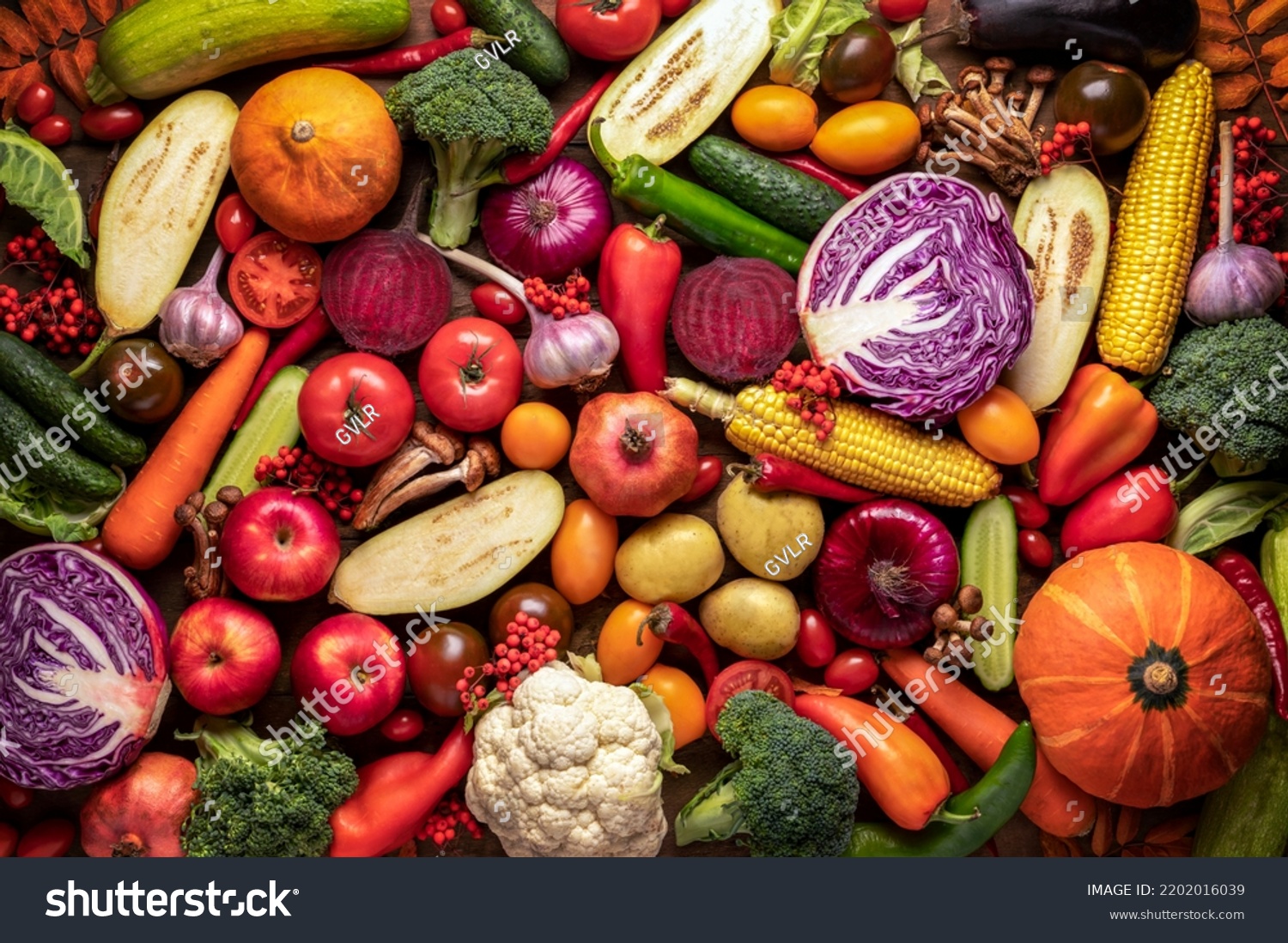 fresh vegetables and fruits background mix assorted. Autumn harvest healthy vegan nutrition and weight loss. multicolor color background #2202016039