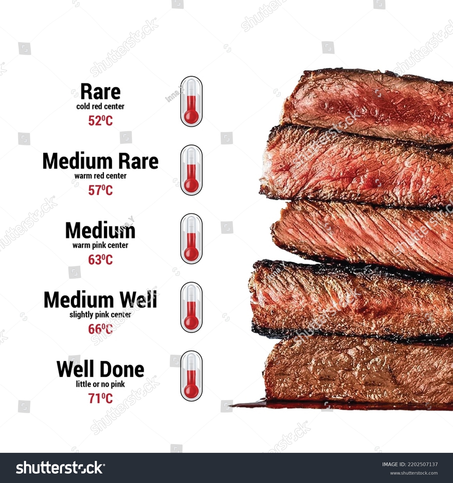 Meat cooking levels. Rare, Medium Rare, Medium, Medium good, Well done. The degree of roasting of steaks. Meat cooking temperature #2202507137
