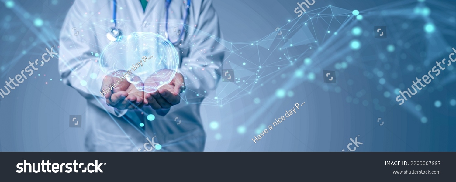 Healthcare medical doctor examining brain surgeon expert specialist diagnosing symptoms for illness, holographics UI assistance futuristic technology, information analysis diagnostic examination. #2203807997