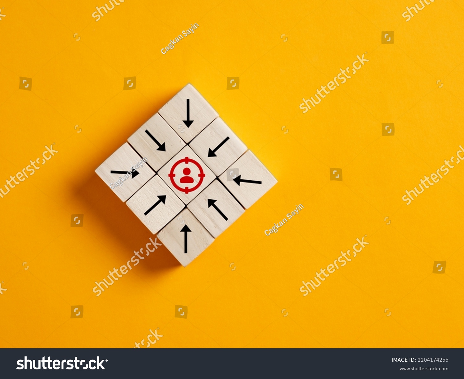 Arrows on wooden cubes pointing towards the focused target customer. Target customer, buyer persona, marketing segmentation or job recruitment concepts. #2204174255