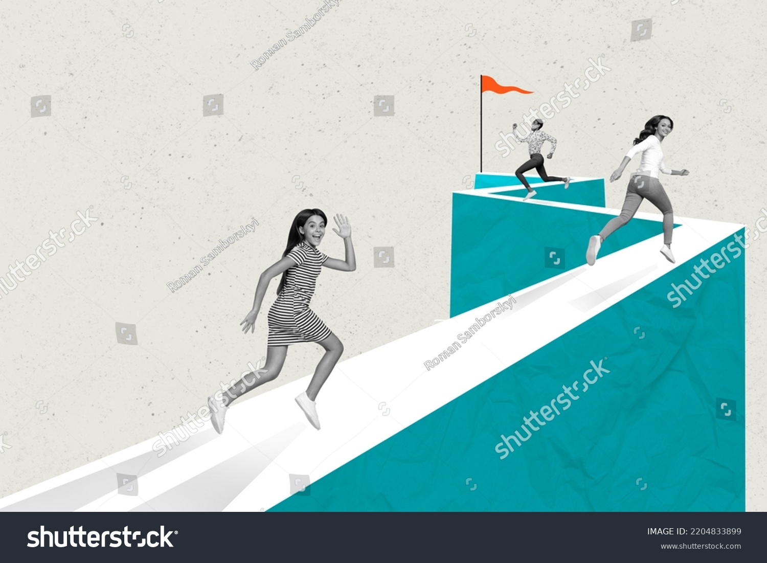 Composite collage picture of three people black white colors running hurry finish flag isolated on creative background #2204833899