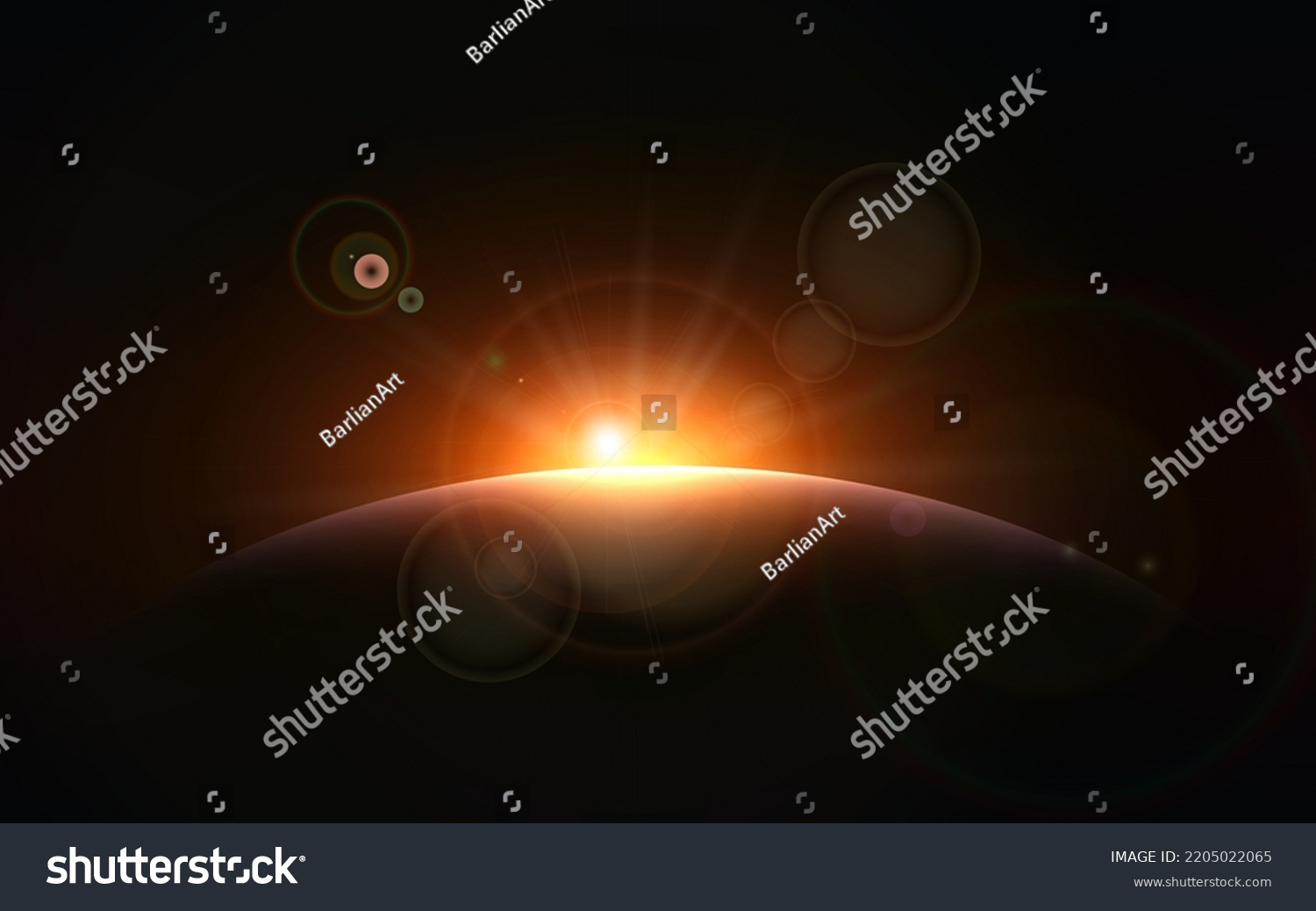 Dark sky background.Space sunrise, good morning world. Sunrise with rays and lens flare. #2205022065