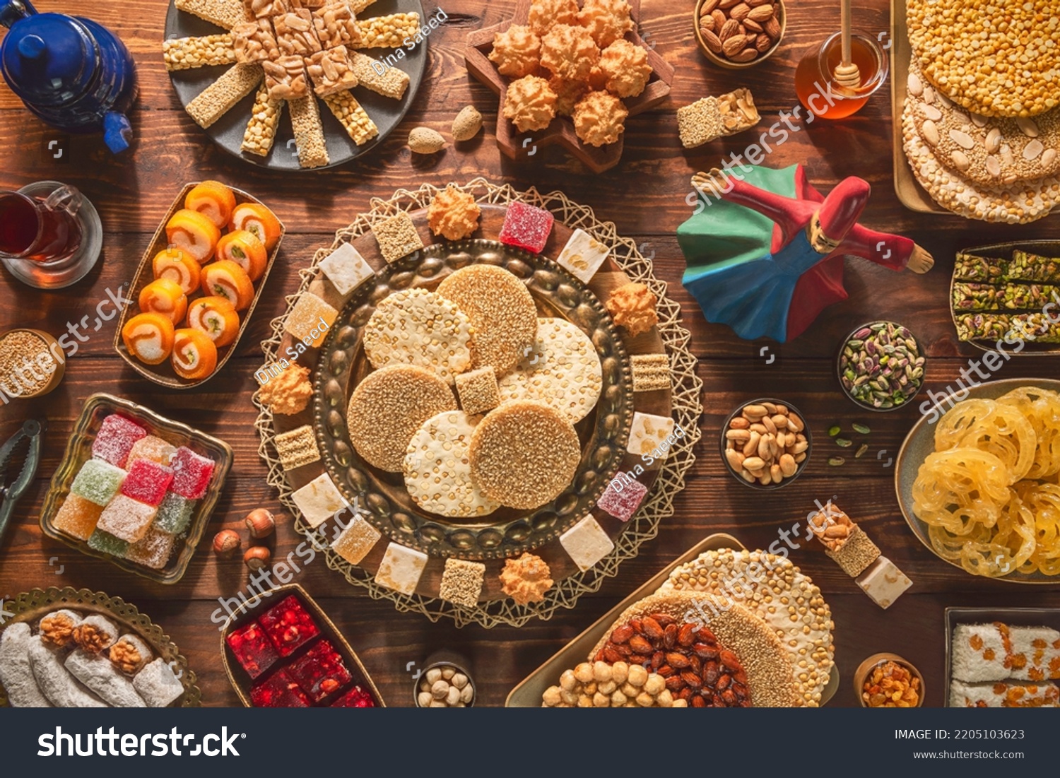 Collection of traditional Arabic sweets and candies to celebrate "Prophet Muhammad's Birthday Event". Varieties of Egyptian Mawlid Sweets or " Halawet Al Mawlid Al Nabawi". #2205103623