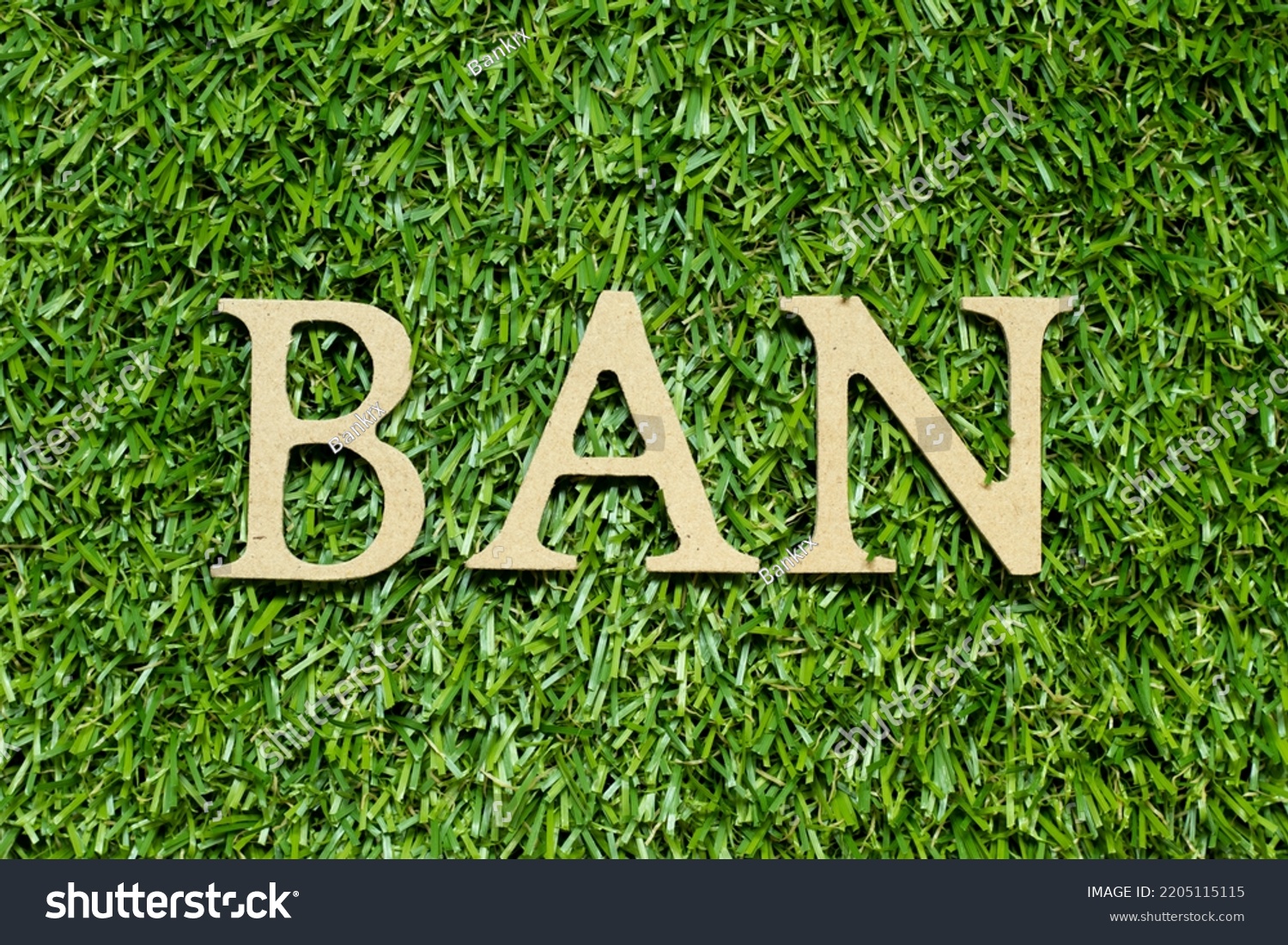 Wood alphabet letter in word ban on green grass background #2205115115