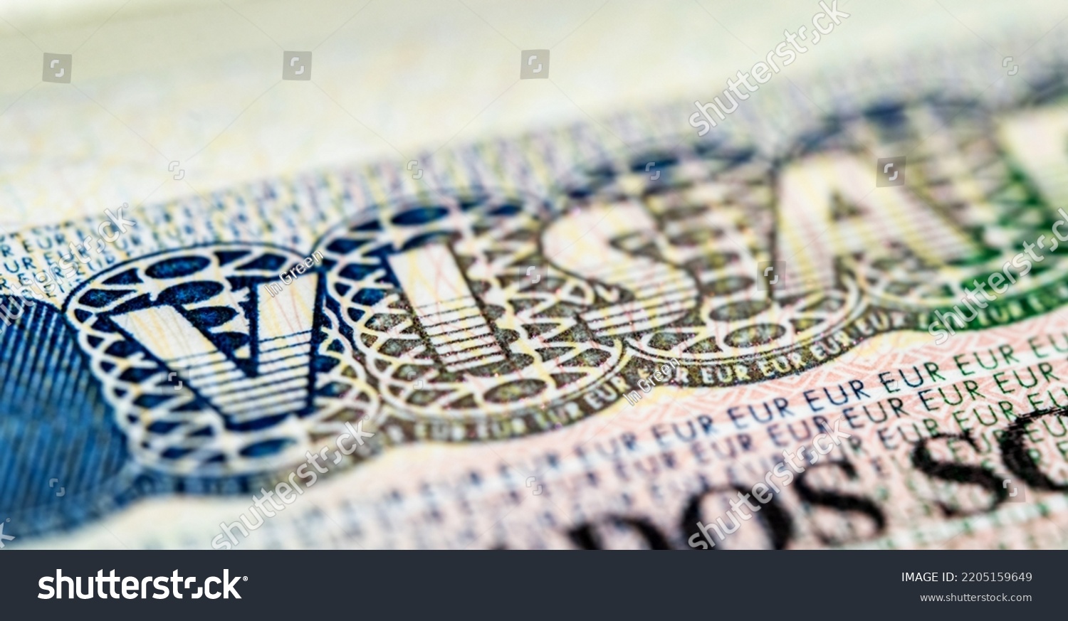 Internationa visa in passport close up view. Schengen visa in passport. #2205159649