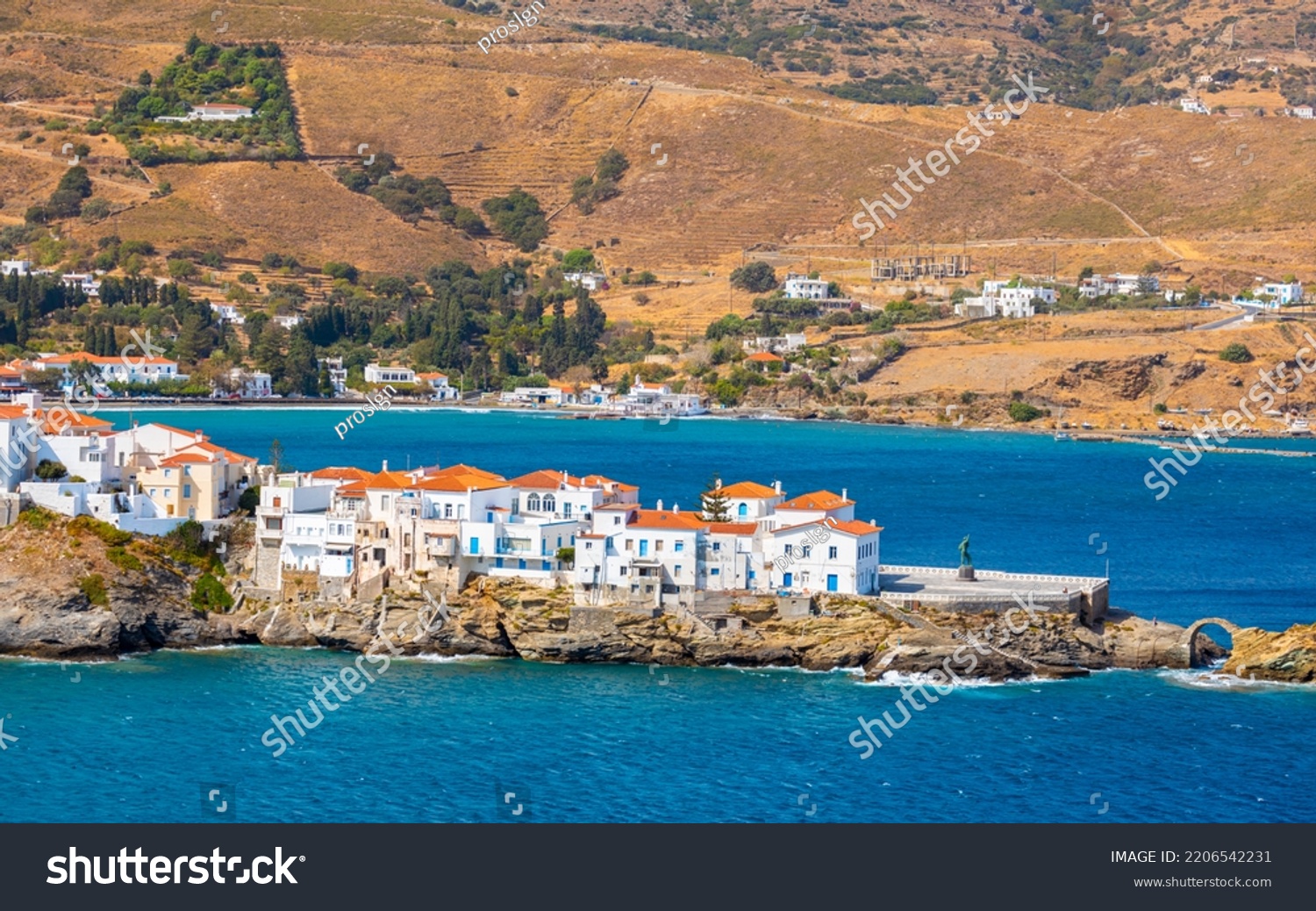 View of Chora town on the beautiful Andros island in Cyclades, Greece, Europe #2206542231