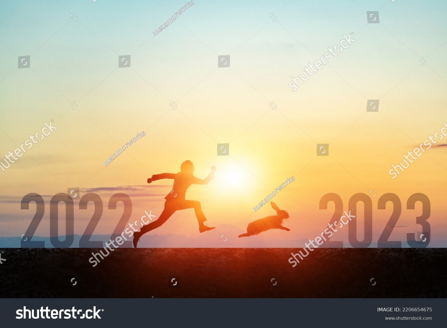 2023 New Year concept. Silhouettes of running man and rabbit. #2206654675