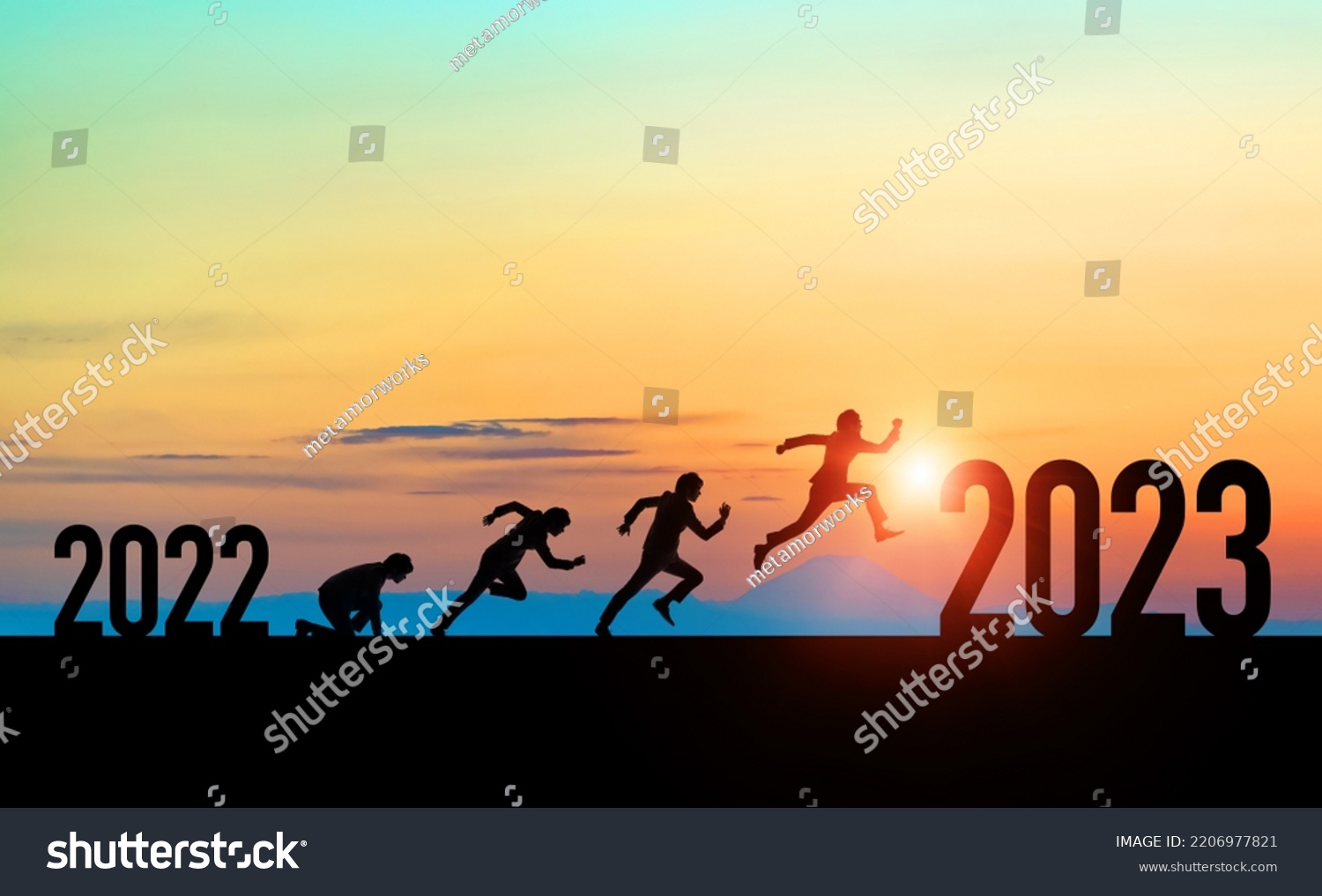 New year concept of 2023. New year's card. Running businessman. #2206977821