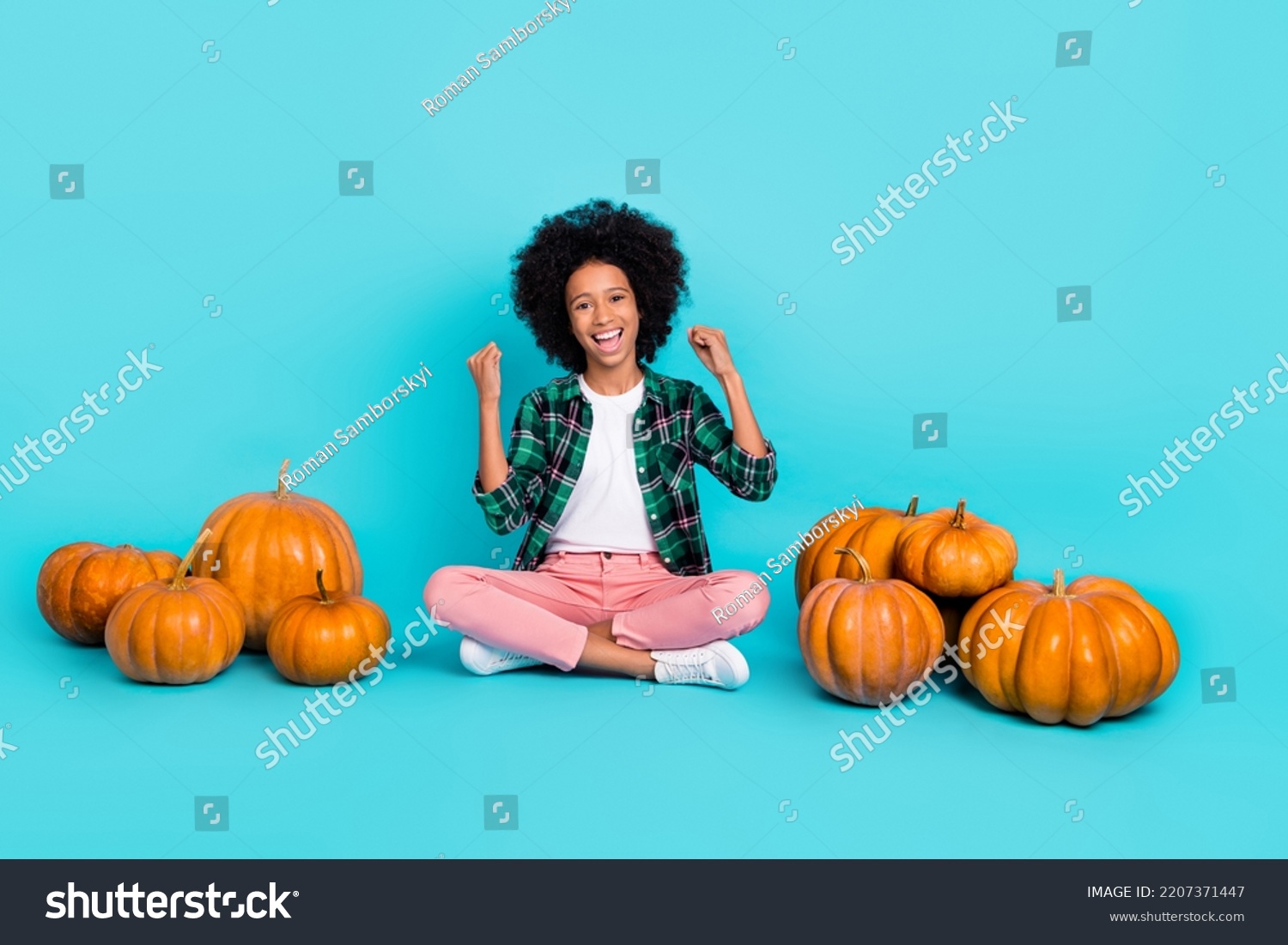 Photo of cheerful astonished lady sit floor rejoice pumpkin harvest wear plaid shirt isolated teal color background #2207371447