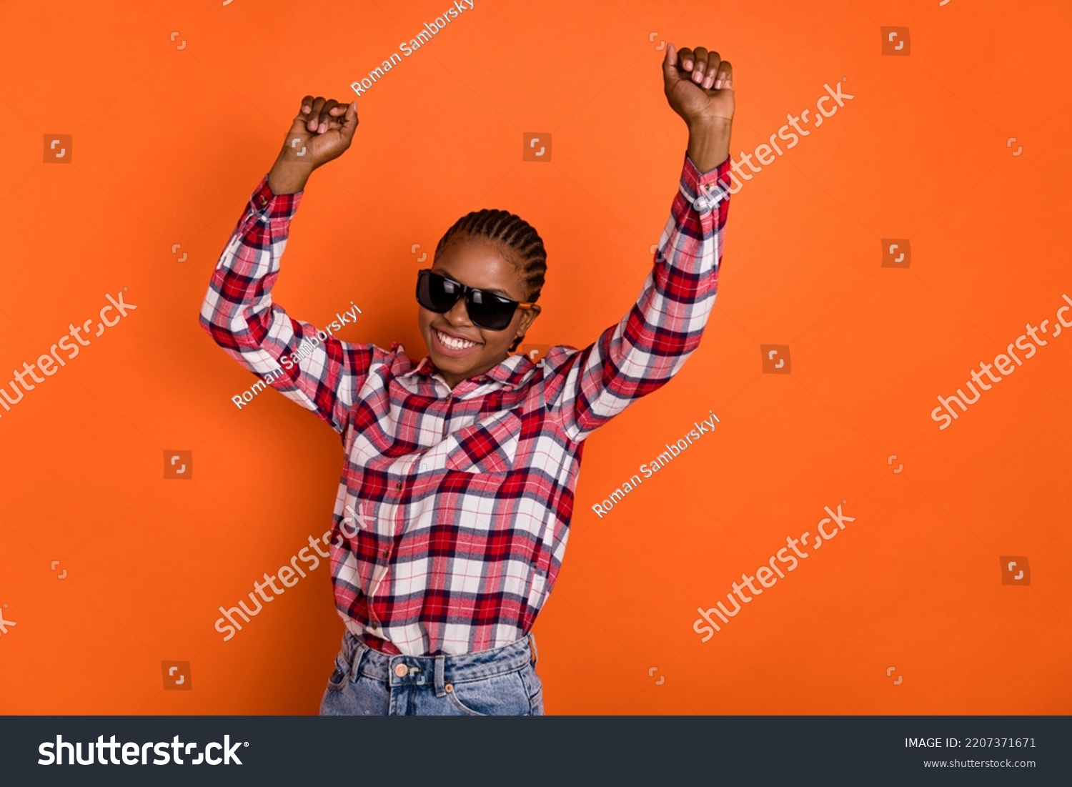 Photo of positive pretty girl enjoy have fun dancing spend pastime isolated on orange color background #2207371671