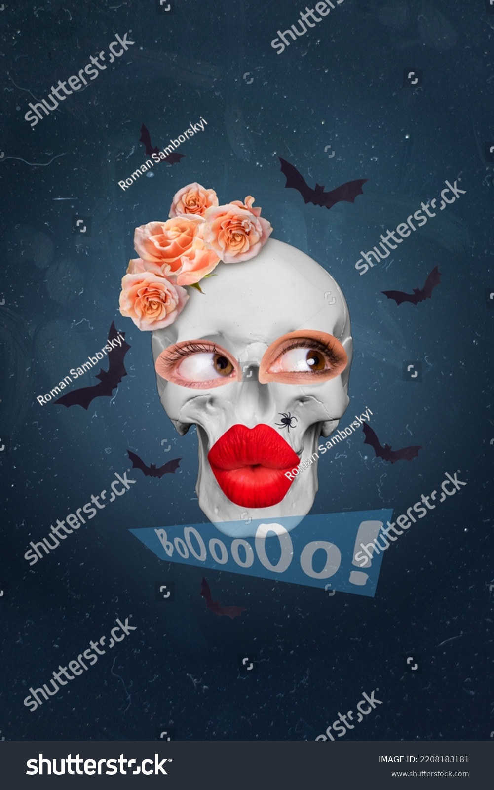 Creative drawing collage picture of funny spooky woman face skeleton skull glowers eyes kiss lips boo frighten halloween monster witch #2208183181
