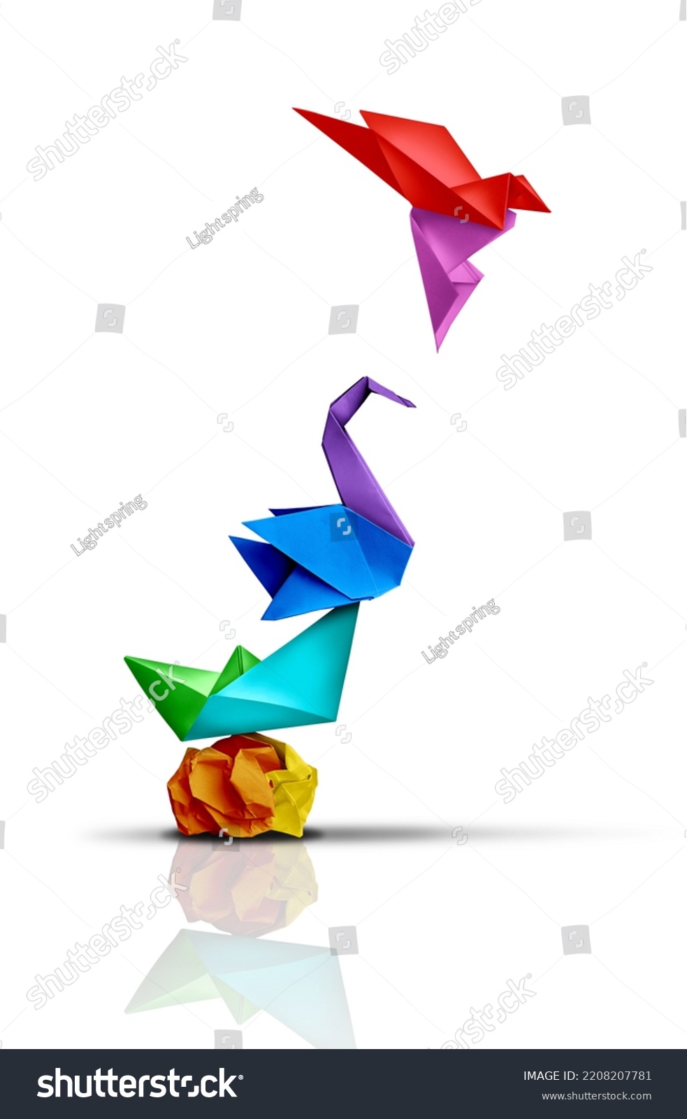 Reaching higher and success transformation or Transform and rise to succeed or improving concept and leadership in business through innovation or evolution with paper origami changed for the better.  #2208207781