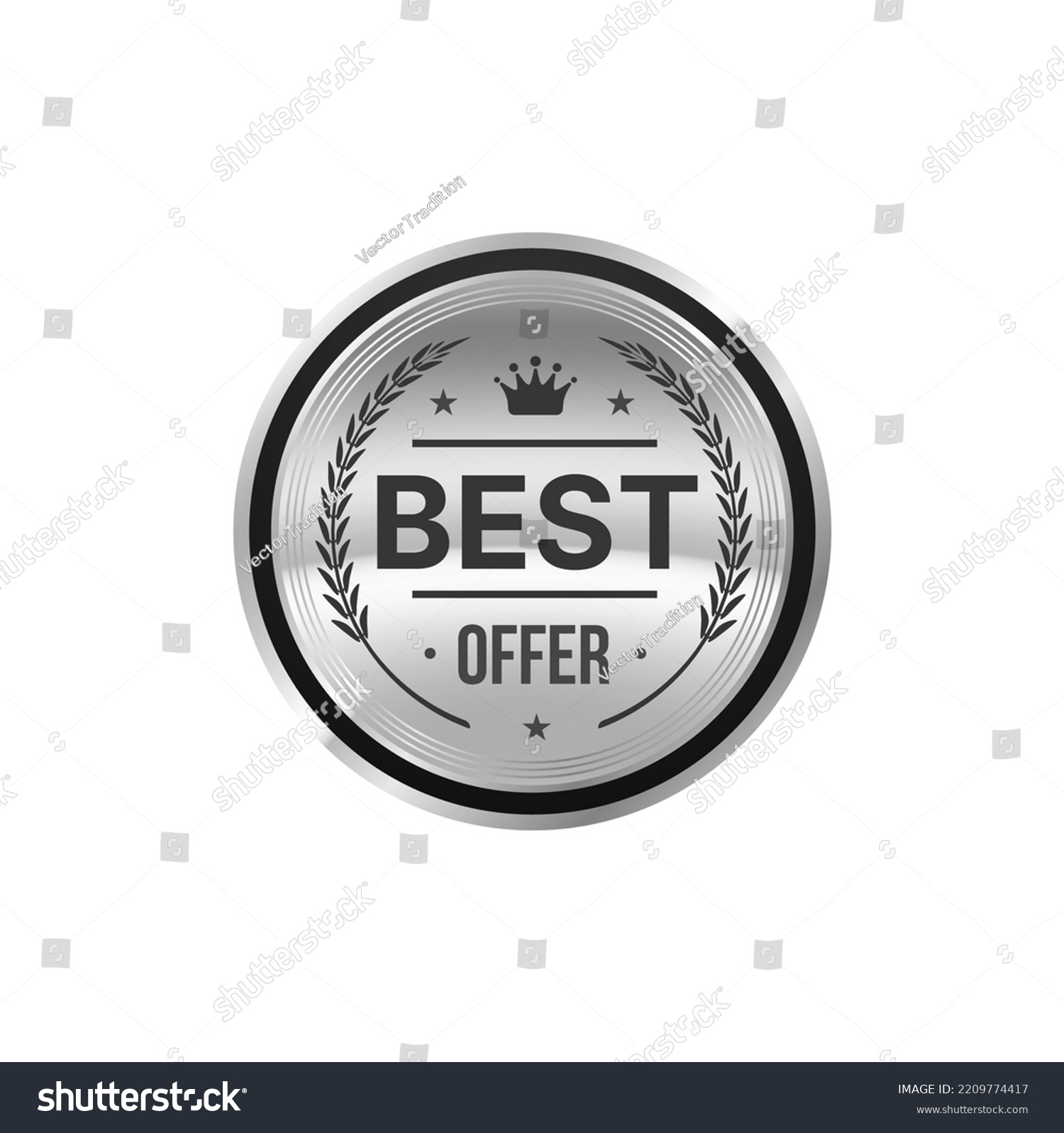 Best offer silver badge or special price label. Store best price symbol or sticker, shop sale coupon vector premium tag or silver badge. Store product discount promotion sign with laurel and crown #2209774417
