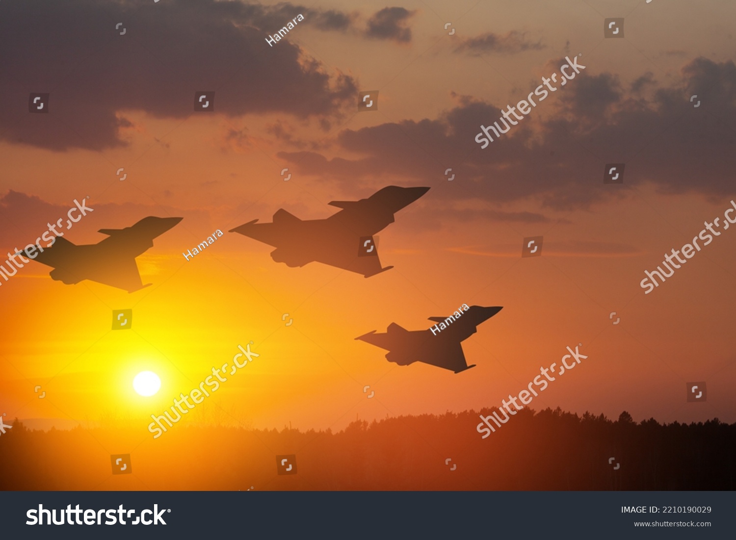 Air Force Day. Aircraft silhouettes on background of sunset. #2210190029