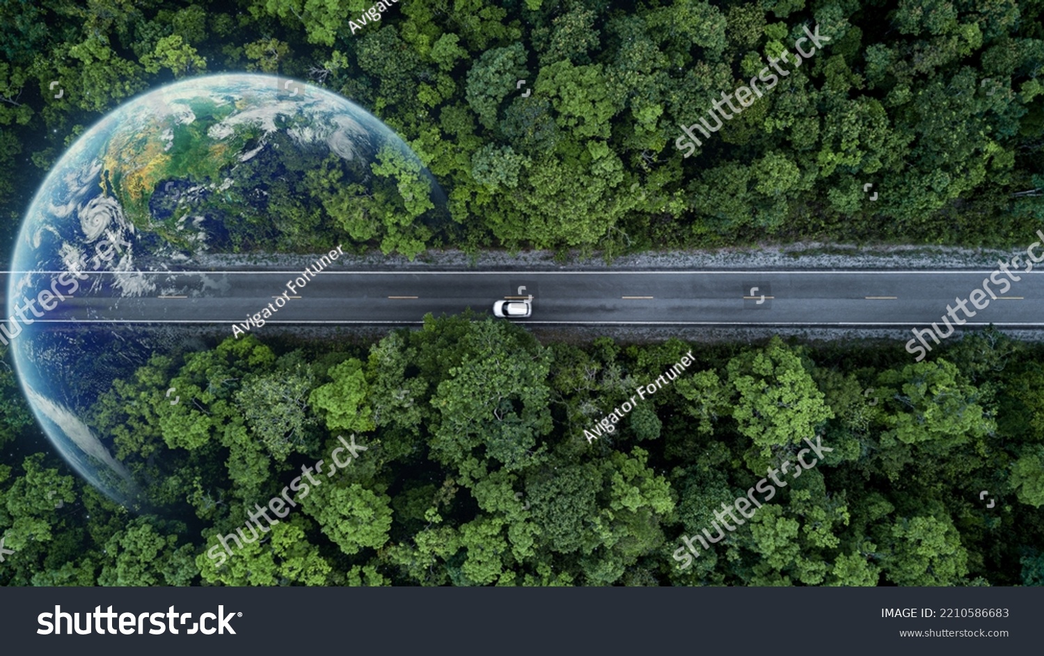 Eco car on forest road with earth planet going through forest, Ecosystem ecology healthy environment road trip travel, Eco car with nature, Electric car and earth EV electrical energy for environment. #2210586683