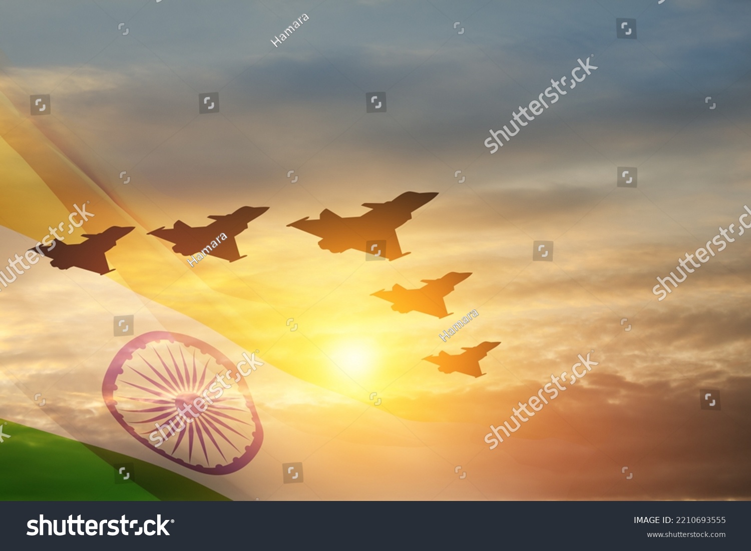 Indian Air Force Day. Indian jet air shows on background of sunset with transparent Indian flag. Commemorate Indian Air Force Day on October 8 in India. #2210693555