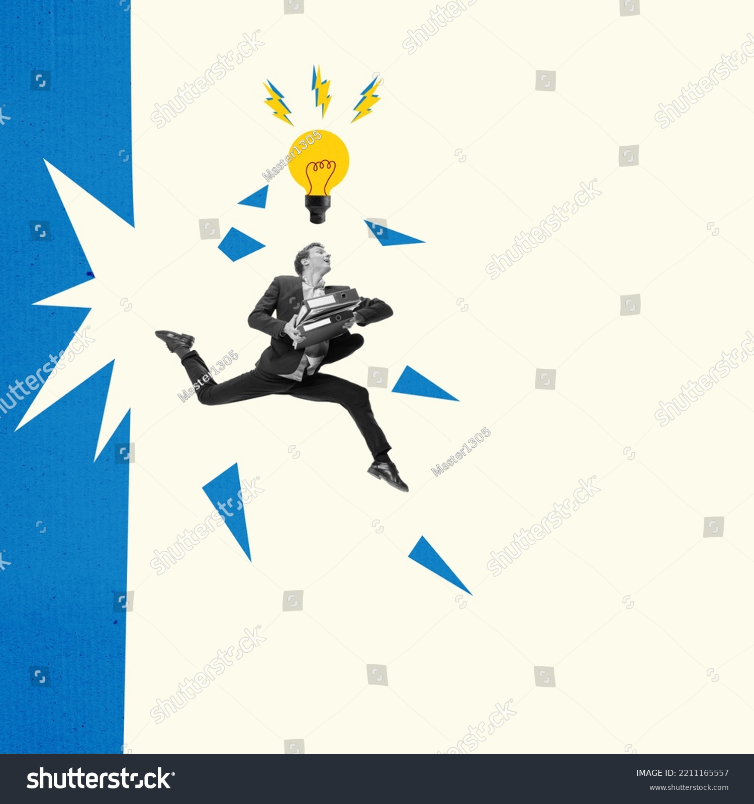 Man running with light bulb. Idea, innovation, creativity, solution concept. Businessman having a good idea for a business. Contemporary creative art collage or design. Thought process, ingenuity #2211165557