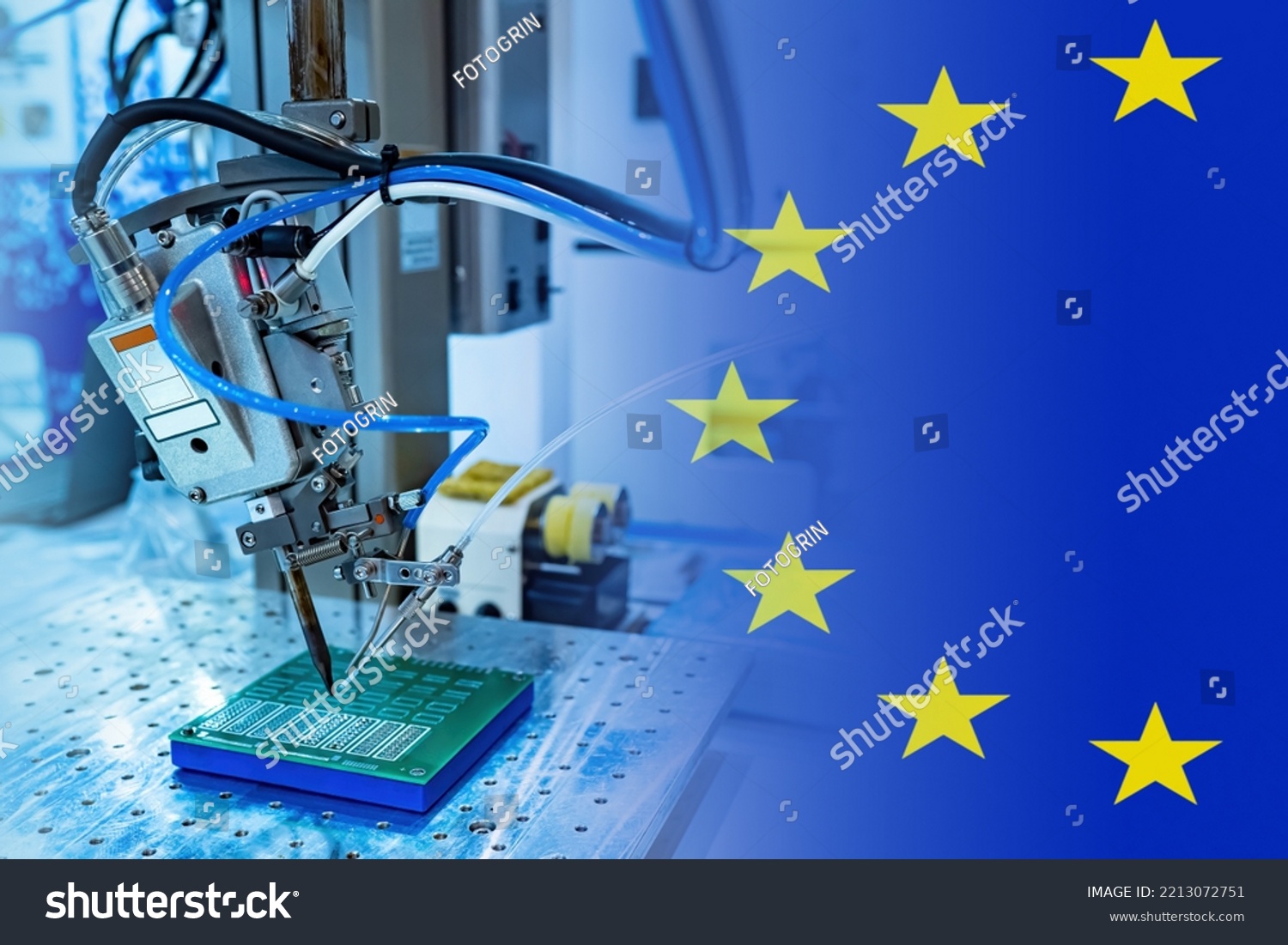 Microelectronics production in European Union. PCB making machine. Microelectronics in Europe. Automated soldering machine for microelectronics. PCB manufacture in European Union. EU flag.  #2213072751