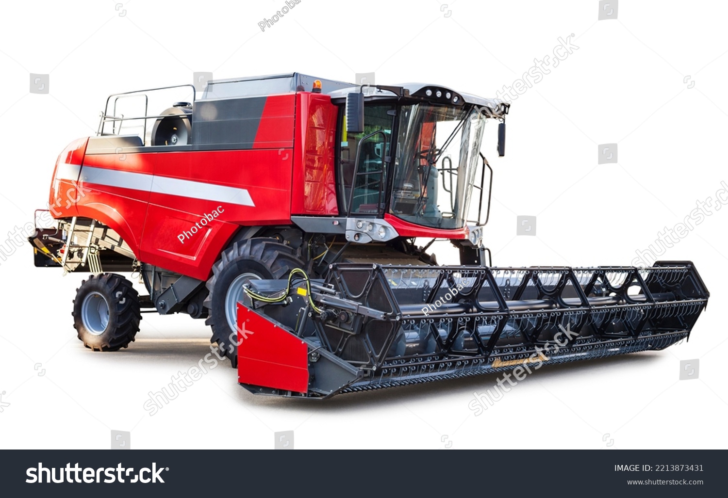 Red combine harvester, agriculture machinery, farming vehicle isolated over white, with clipping path. #2213873431