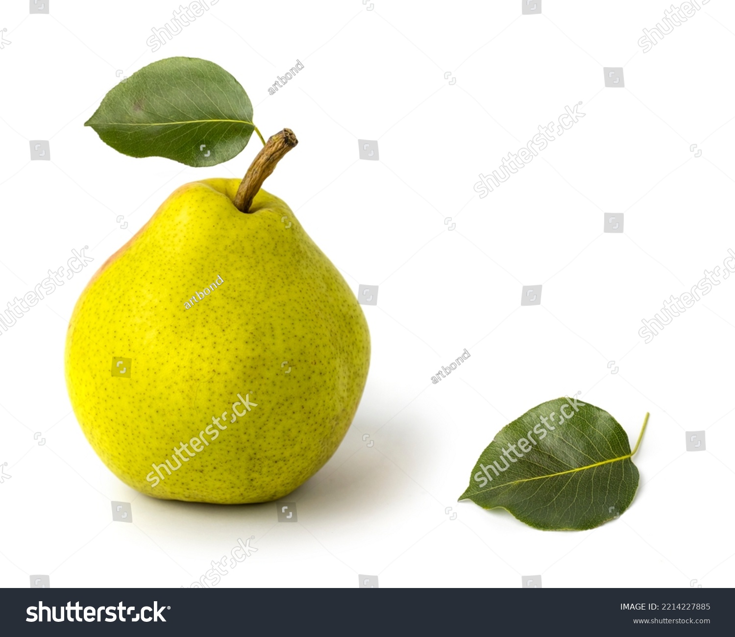 Image of pear on a white background. Pear with leaves close up #2214227885