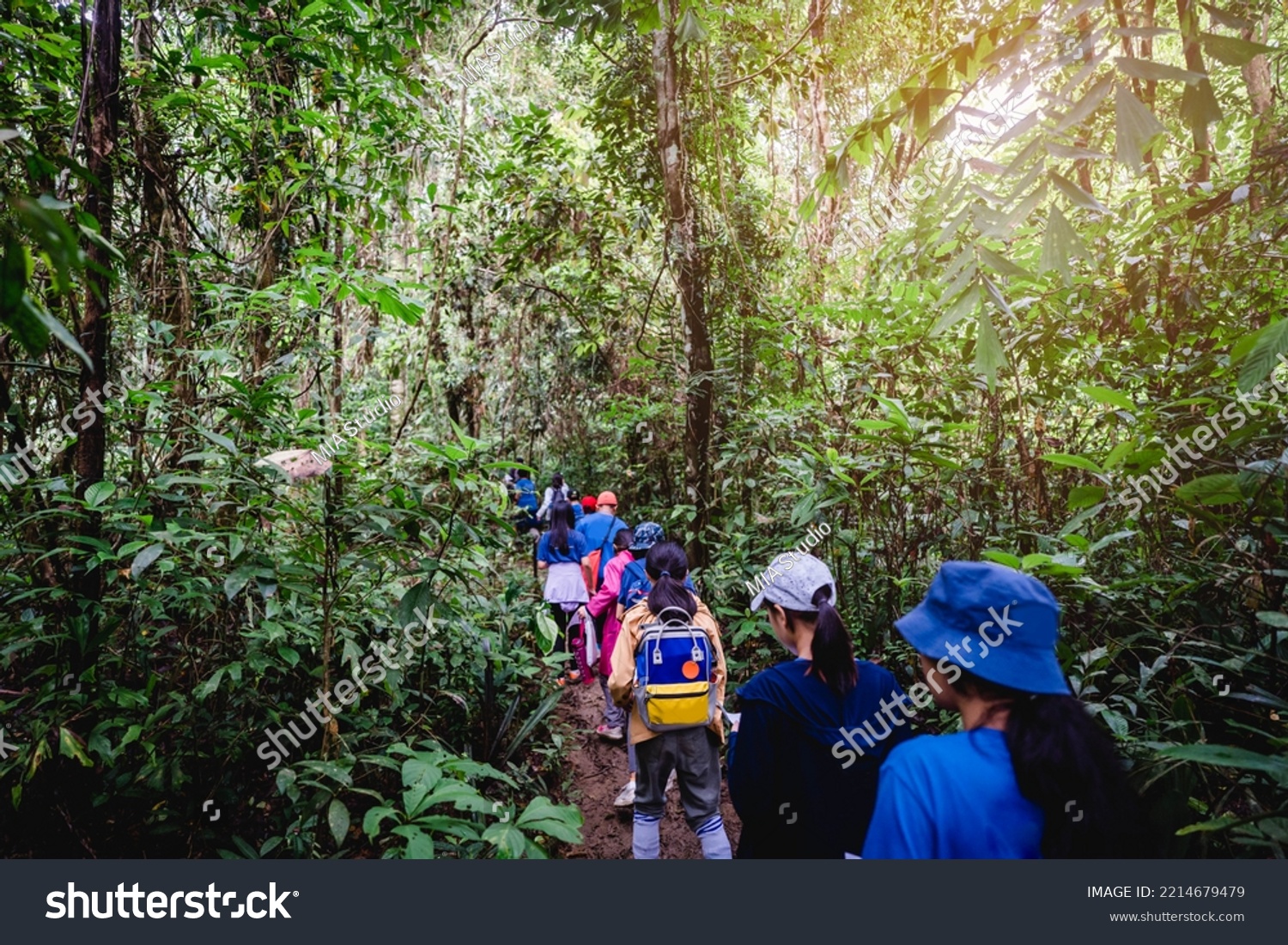 Asian student kids children with bag walking hiking on rainforest jungle trail.jungle camp in summer.Student teens trekking in nature.tourism explore travel trip.Rainforest jungle in Thailand.vacation #2214679479