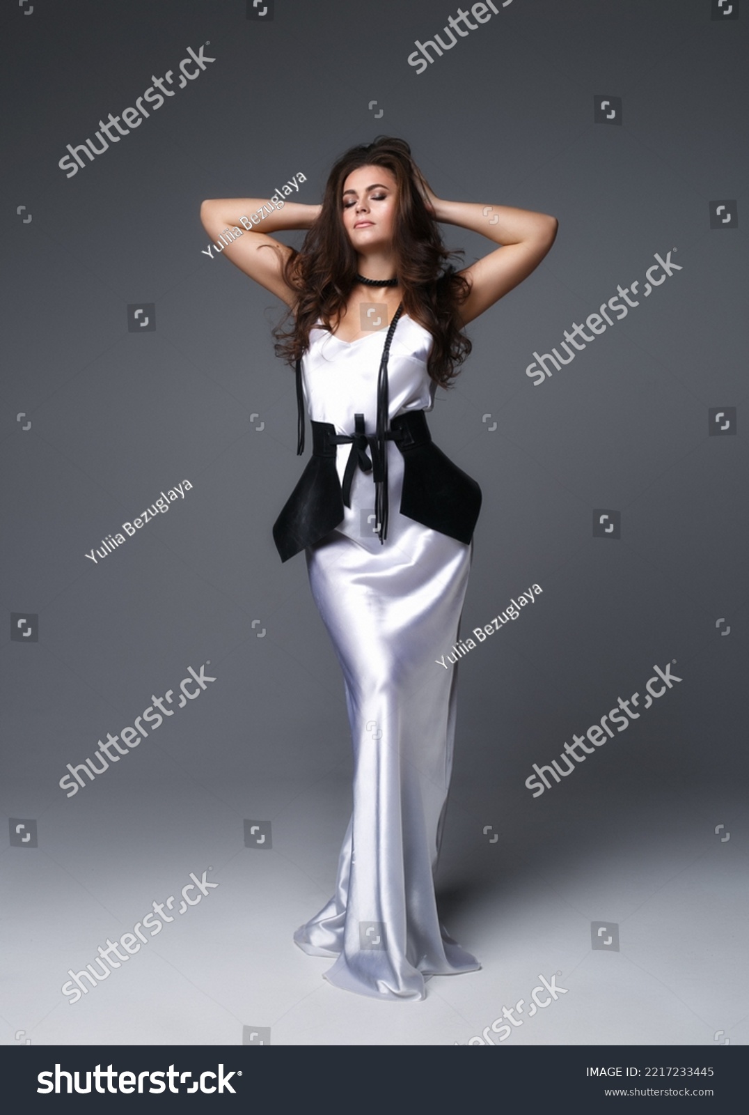 unusual interesting outfit for the bride, stylish outfit white long dress and black leather peplum on belt #2217233445