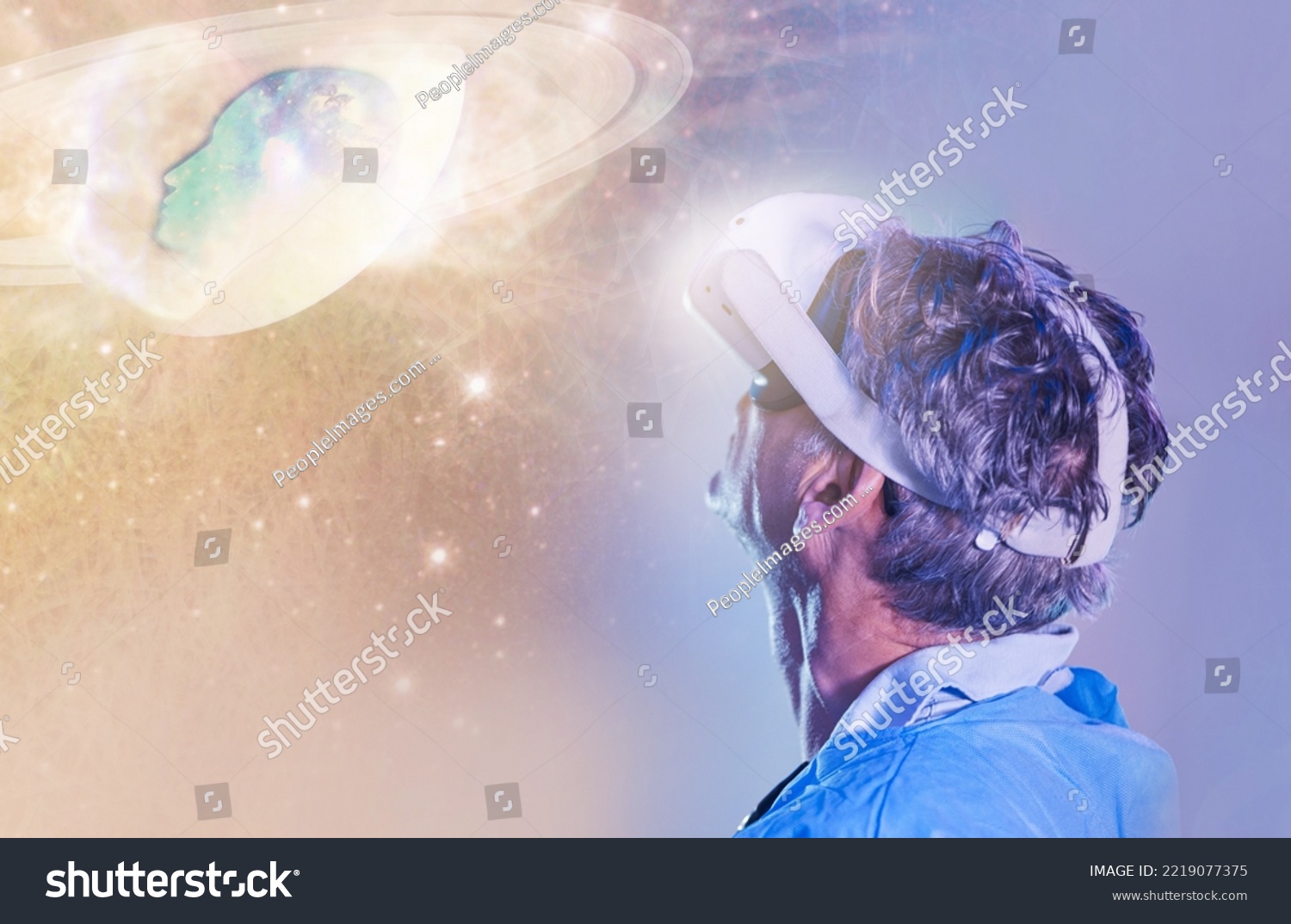 Man, metaverse or virtual reality for planet hologram, solar system or universe galaxy and manifestation or subconscious 3d. Vr headset, futuristic or solar system stars abstract in ai fantasy vision #2219077375