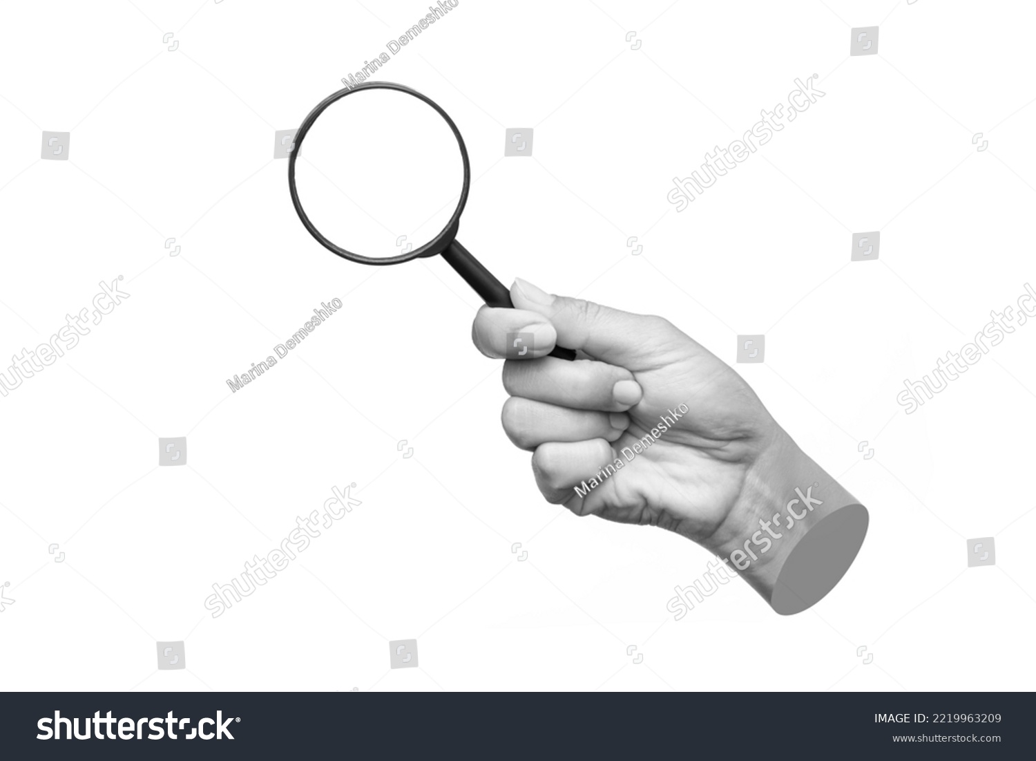 A female hand holding a magnifying glass isolated on a white background. Mockup with empty copy space for a text and design. 3d trendy collage in magazine style. Modern contemporary art	
 #2219963209
