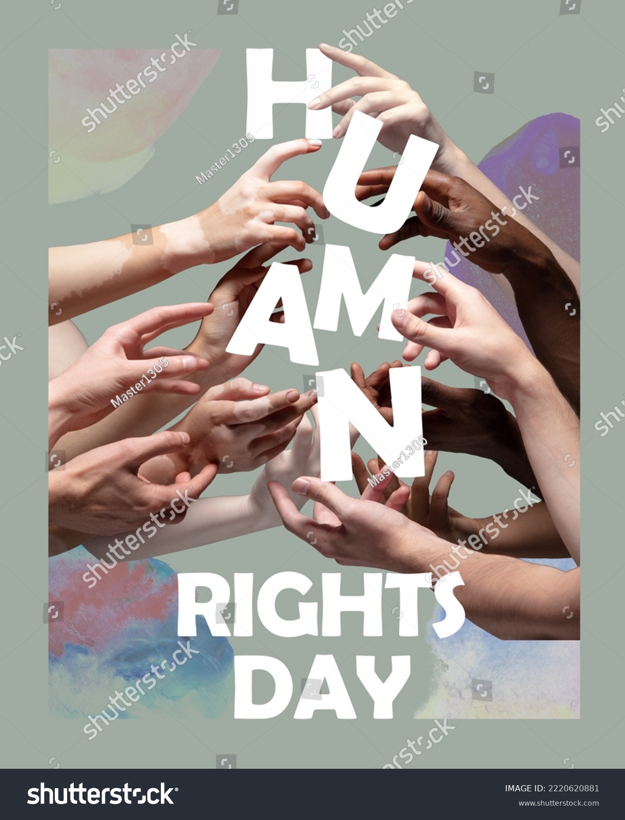 Diversity. Hands of people of different nations and religion on bright abstract background with lettering. Symbol of unity, equality, friendship and support. Human Rights Day. December 10 #2220620881