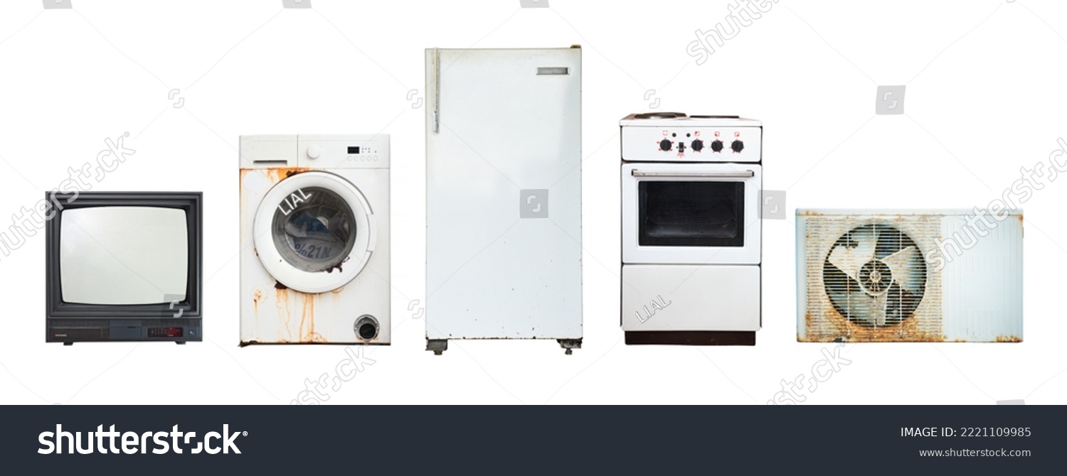 Old household appliances TV, washing machine, refrigerator, electric stove, air conditioner isolated on white background. #2221109985