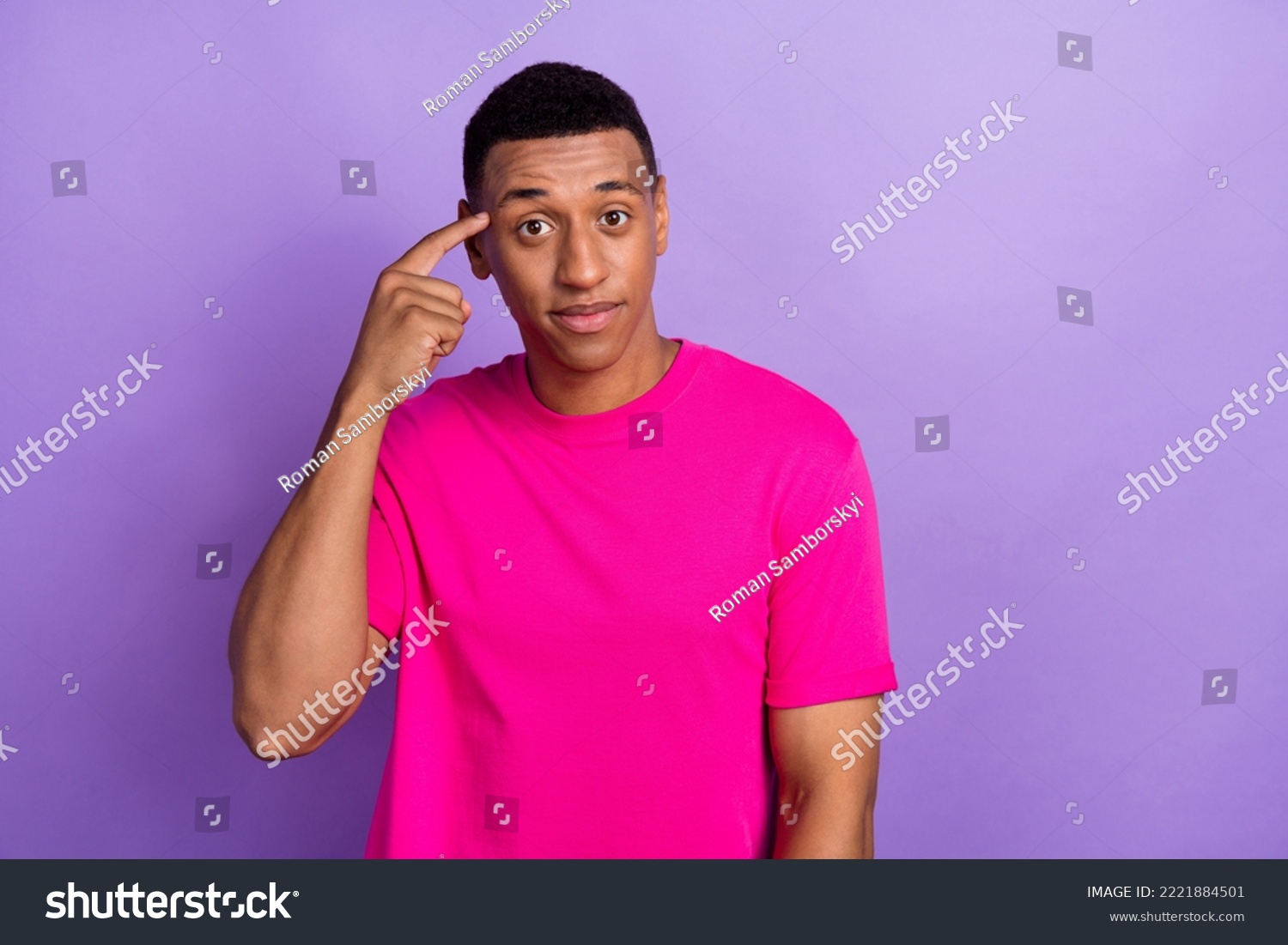 Photo of smart happy minded guy point temple finger idea genius solution empty space decision advertisement isolated on violet color background #2221884501