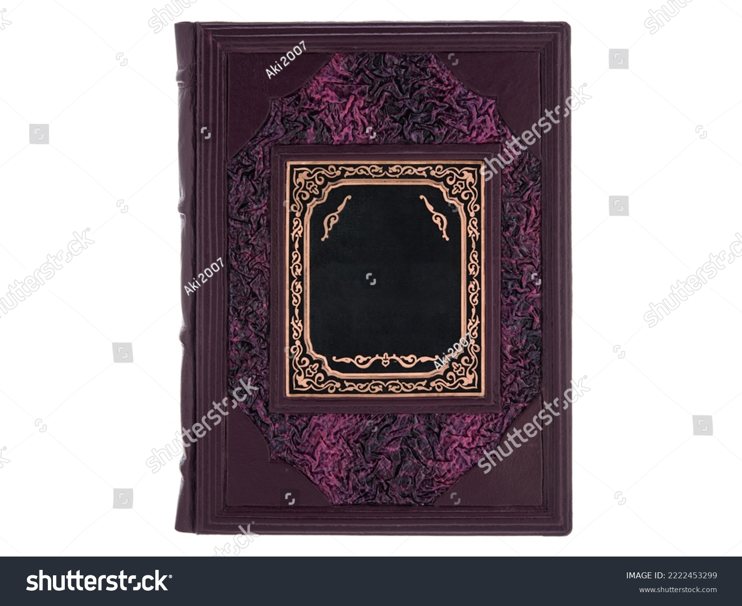 Dark Purple Black Leather mockup book with cover color isolated on white background. Diary for writing and printing With empty lable and metal fittings. #2222453299